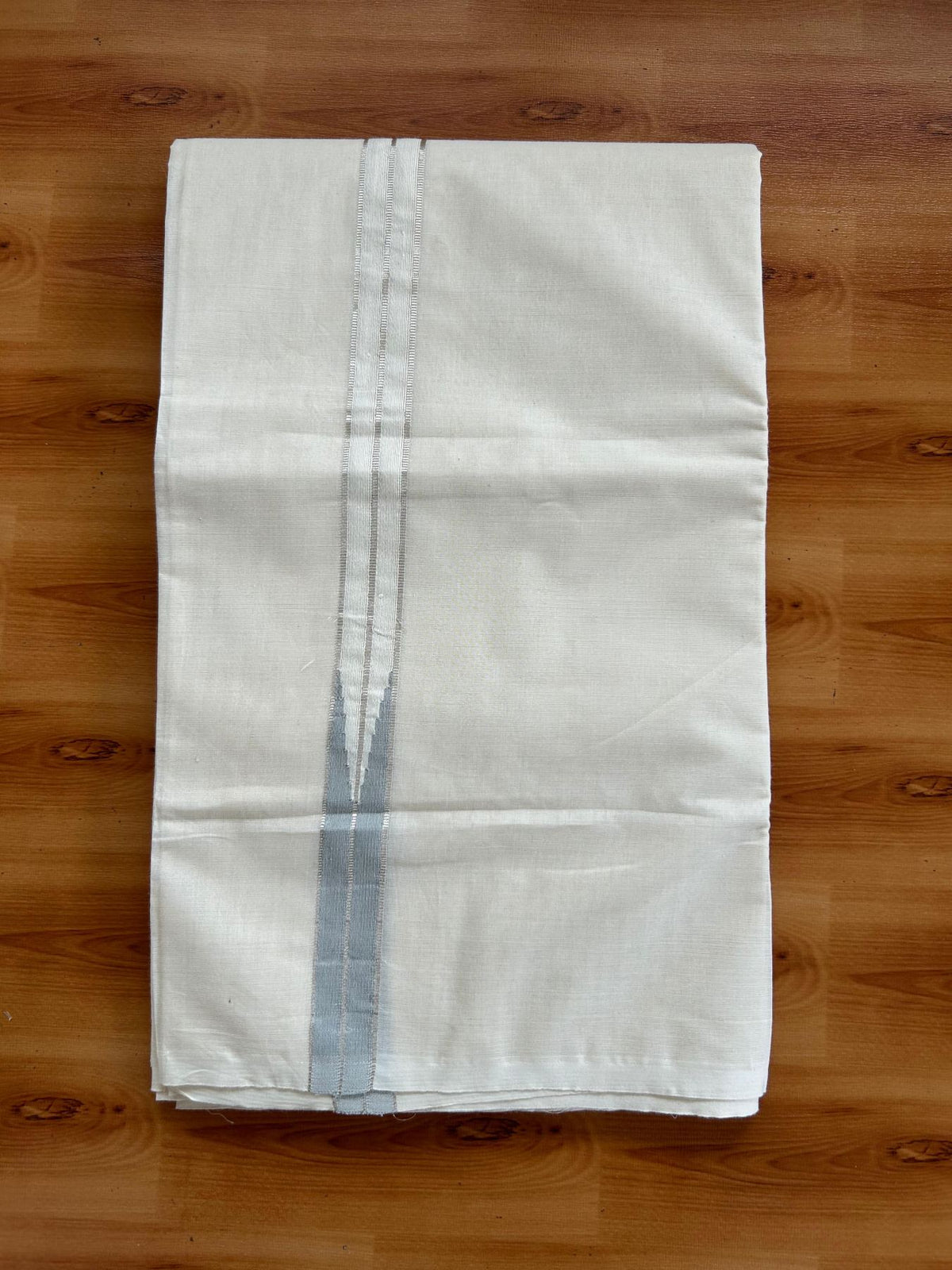 Double Off White (Unbleached) Mundu/Dhoti - 20% Discount!! KaithariKada Pulimood 100% Cotton 100x100 - 1 inch Puliyilakkara Silver Kasav & Ash Striped Chutty Kara - 3.75 mtr (8 muzham) - 8 KK5546 ASH