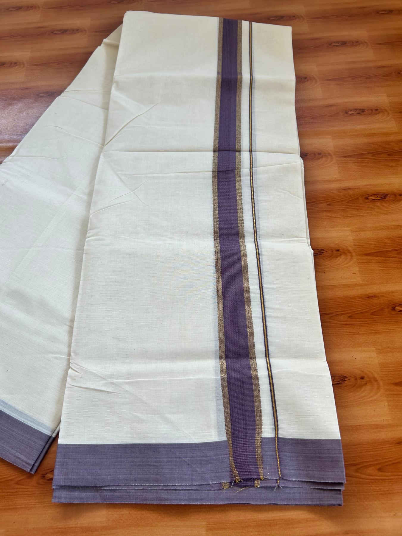 Double Off White (Unbleached) Mundu/Dhoti - 20% Discount! Kaitharikada Pure Cotton - 80x80 - 1.5 Inch Gold Kasav & Purple Wine Kara 4 mtr (8.5 muzham) - 5 KK5478 MRH