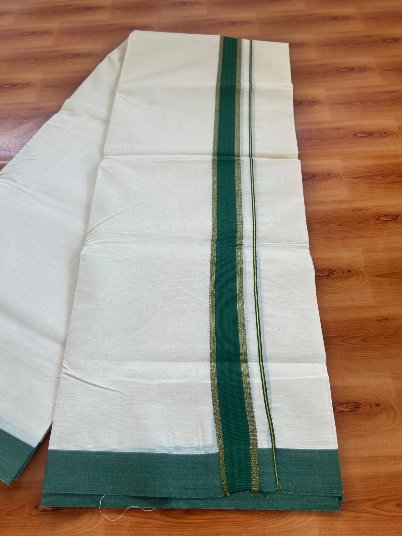 Double Off White (Unbleached) Mundu/Dhoti - 20% Discount! Kaitharikada Pure Cotton - 80x80 - 1.5 Inch Gold Kasav & Green Kara 4 mtr (8.5 muzham) - 6 KK5478 MRH