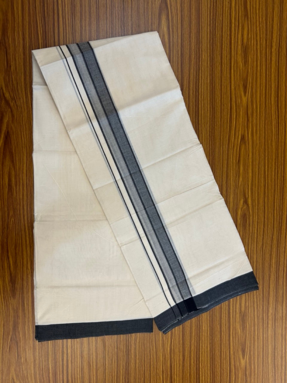 20% Discount! KaithariKada Balaramapuram 100% Cotton Off White Double - (Unbleached) Mundu/Dhoti - 100X80 - 1.5 inch Black Shaded Striped Kara - 4 Mtr (8.5 Muzham) - 100 KK5294 THI