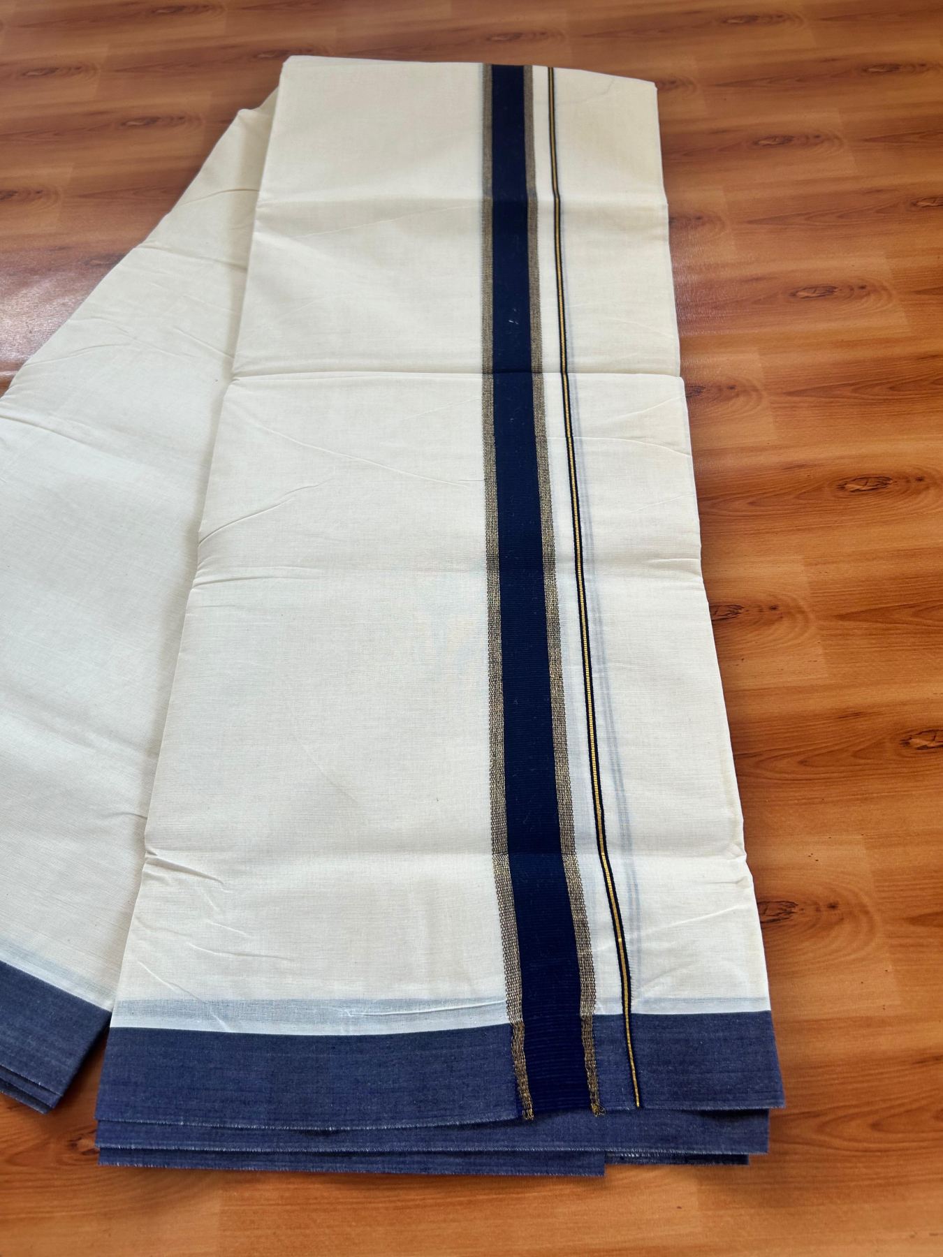 Double Off White (Unbleached) Mundu/Dhoti - 20% Discount! Kaitharikada Pure Cotton - 80x80 - 1.5 Inch Gold Kasav & Navy Blue Kara 4 mtr (8.5 muzham) - 7 KK5478 MRH