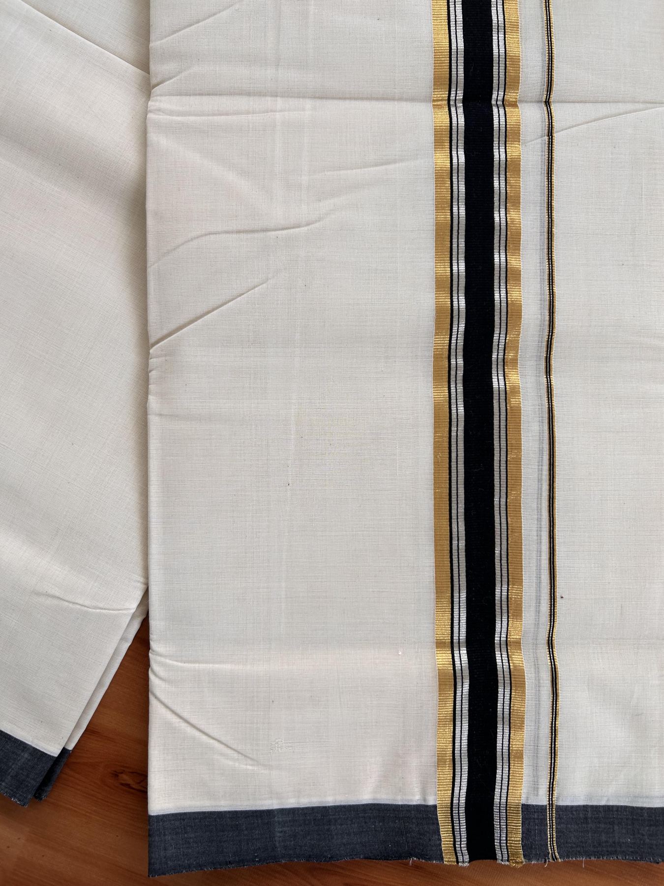 Double Off White (Unbleached) Mundu/Dhoti - 25% Discount! KaithariKada Handloom Millpaav - Kerala Handloom - Cotton - 80x90 - 1.5 inch Gold & Silver Kasav & Black Striped Kara 4 meter (8.5 Muzham) - 3 KK5430 RAM