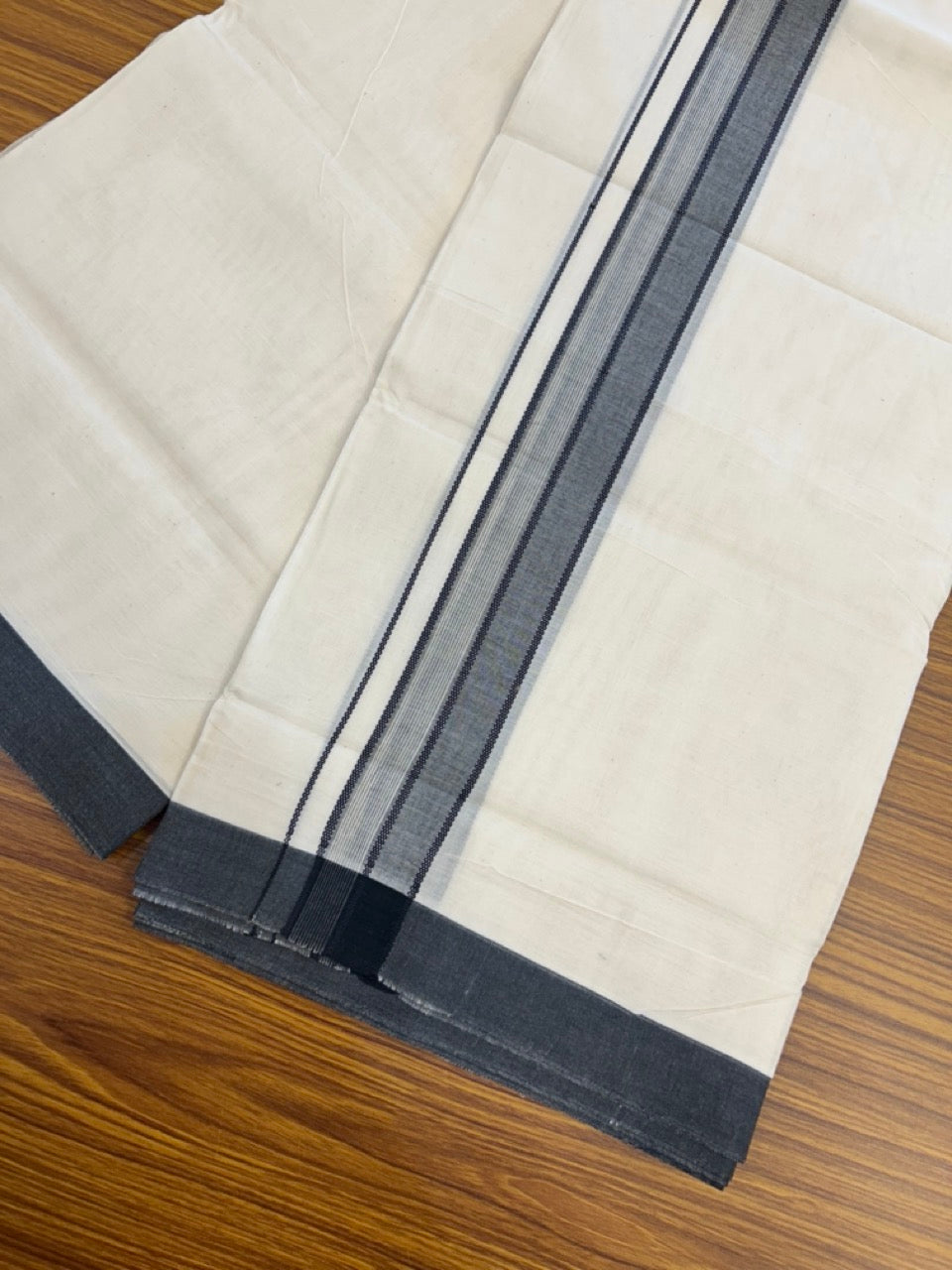 20% Discount! KaithariKada Balaramapuram 100% Cotton Off White Double - (Unbleached) Mundu/Dhoti - 100X80 - 1.5 inch Black Shaded Striped Kara - 4 Mtr (8.5 Muzham) - 100 KK5294 THI