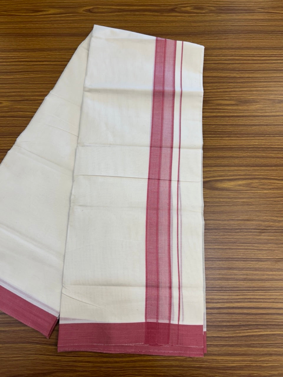 20% Discount! KaithariKada Balaramapuram 100% Cotton Off White Double - (Unbleached) Mundu/Dhoti - 100X80 - 1.5 inch Bright Maroon Shaded Striped Kara - 4 Mtr (8.5 Muzham) - 106 KK5294 THI