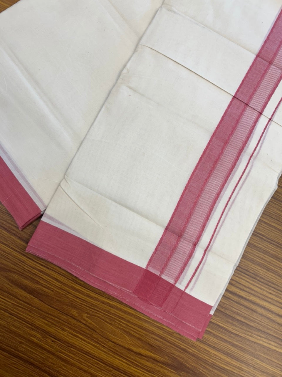 20% Discount! KaithariKada Balaramapuram 100% Cotton Off White Double - (Unbleached) Mundu/Dhoti - 100X80 - 1.5 inch Bright Maroon Shaded Striped Kara - 4 Mtr (8.5 Muzham) - 106 KK5294 THI