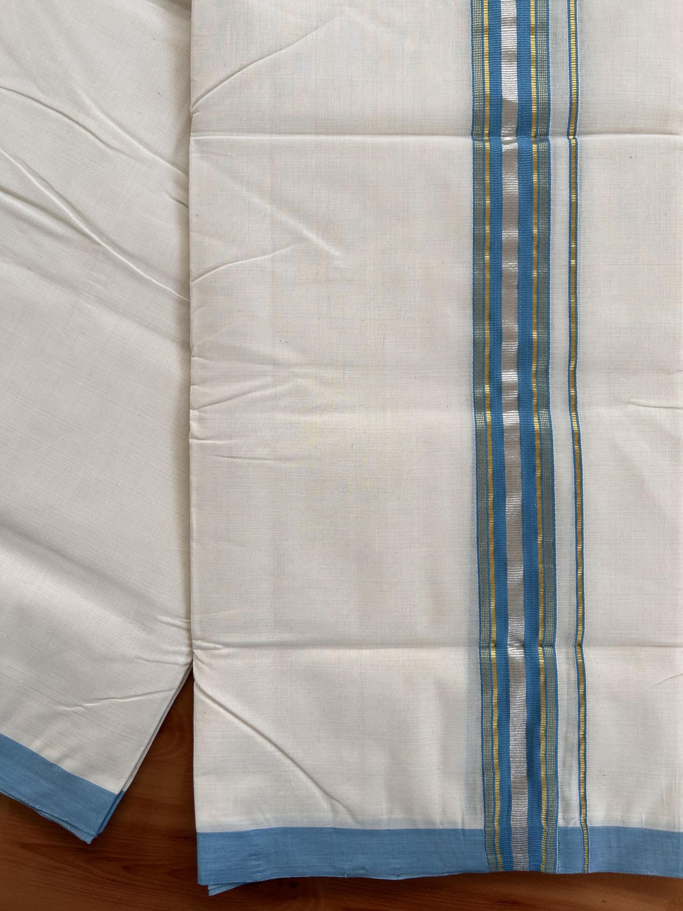 Double Off White (Unbleached) Mundu/Dhoti - 25% Discount! KaithariKada Handloom Millpaav - Kerala Handloom - Cotton - 80x90 - 1.5 inch Gold & Silver Kasav Striped & Sky Blue Kara 4 meter (8.5 Muzham) - 8 KK5430 RAM