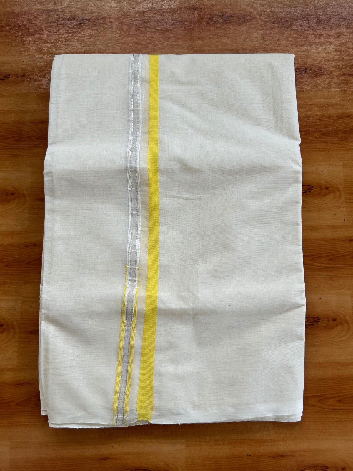 Double Off White (Unbleached) Mundu/Dhoti - 20% Discount!! KaithariKada Pulimood 100% Cotton 100x100 - 1 cm Puliyilakkara Silver Kasav & Yellow Striped Chutty Kara - 4 mtr (8.5 muzham) - 11 KK5546 ASH