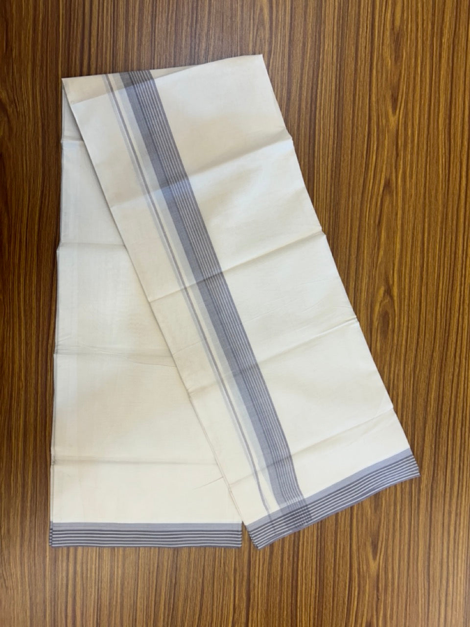 20% Discount! KaithariKada Balaramapuram 100% Cotton Off White Double - (Unbleached) Mundu/Dhoti - 100X80 - 1.25 Inch Purple ash striped Kara - 4 Mtr (8.5 Muzham) - 114 KK5294 THI