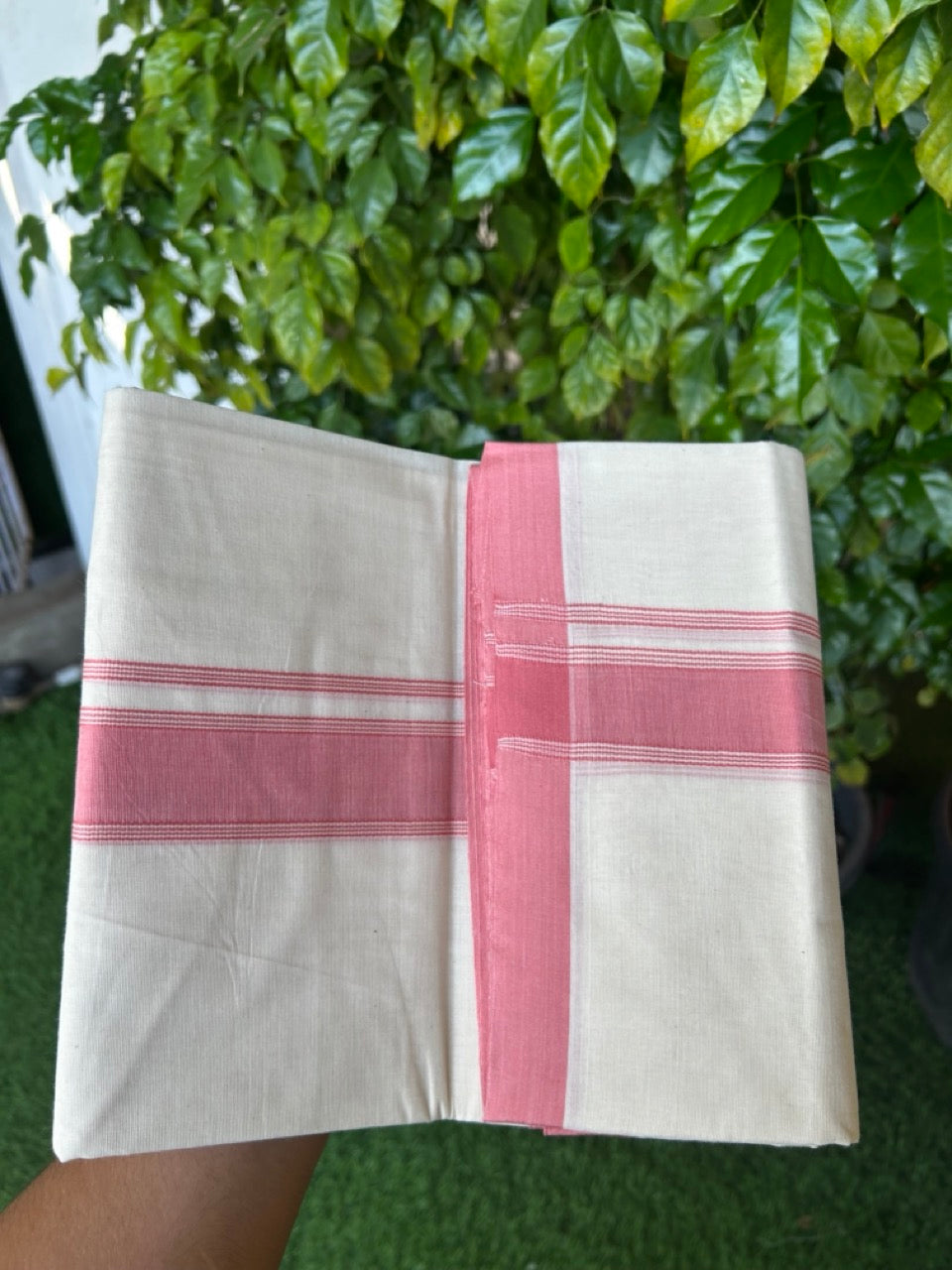 NEW !! 20% DISCOUNT!! KaithariKada Balaramapuram 100% Cotton Double Off white - (Unbleached) Mundu/Dhoti-100x80 - 1.5 inch Rose Pink Shaded Striped KARA - 3.75 mtr (8 Muzham) - 6KK5218 ASH
