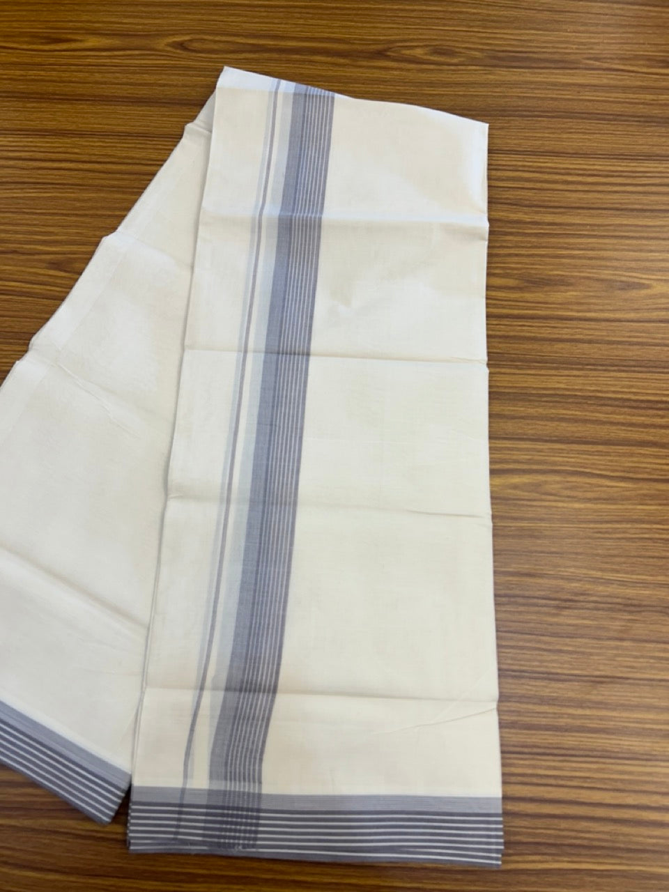 20% Discount! KaithariKada Balaramapuram 100% Cotton Off White Double - (Unbleached) Mundu/Dhoti - 100X80 - 1.25 Inch Purple ash striped Kara - 4 Mtr (8.5 Muzham) - 114 KK5294 THI