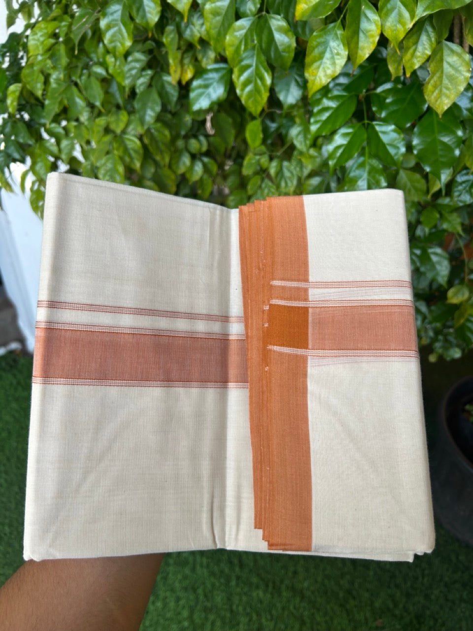 NEW !! 20% DISCOUNT!! KaithariKada Balaramapuram 100% Cotton Double Off white - (Unbleached) Mundu/Dhoti-100x80 - 1.5 inch Light Orange Shaded Striped KARA - 3.75 mtr (8 Muzham) - 4KK5218 ASH