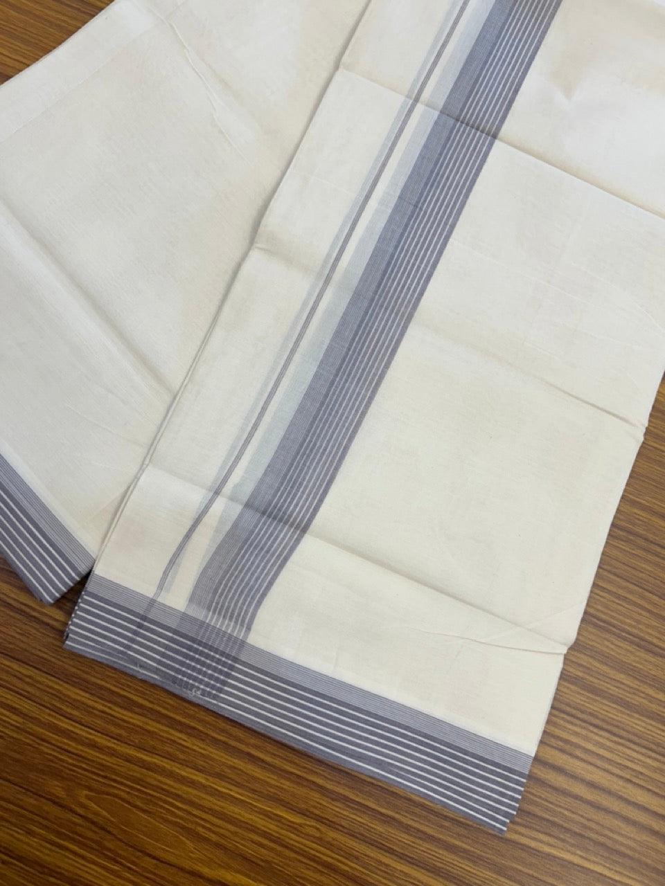20% Discount! KaithariKada Balaramapuram 100% Cotton Off White Double - (Unbleached) Mundu/Dhoti - 100X80 - 1.25 Inch Purple ash striped Kara - 4 Mtr (8.5 Muzham) - 114 KK5294 THI
