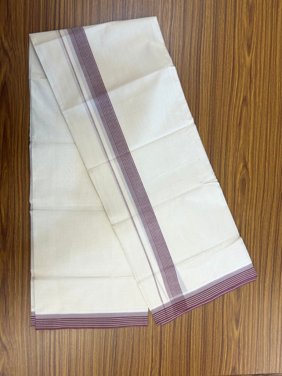 20% Discount! KaithariKada Balaramapuram 100% Cotton Off White Double - (Unbleached) Mundu/Dhoti - 100X80 - 1.25 Inch Purple Maroon striped Kara - 4 Mtr (8.5 Muzham) - 112 KK5294 THI
