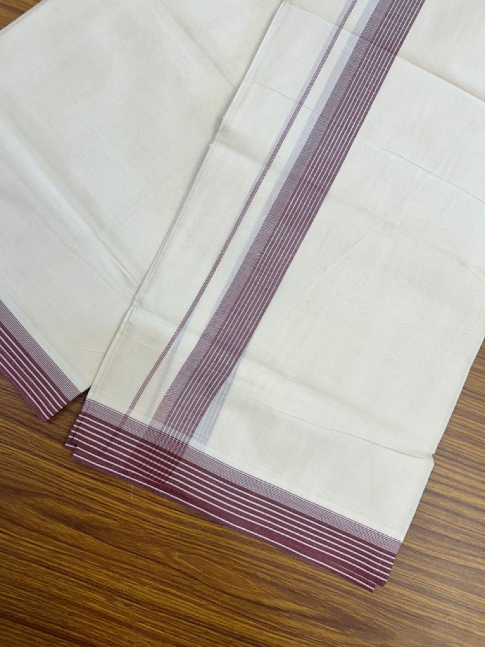 20% Discount! KaithariKada Balaramapuram 100% Cotton Off White Double - (Unbleached) Mundu/Dhoti - 100X80 - 1.25 Inch Purple Maroon striped Kara - 4 Mtr (8.5 Muzham) - 112 KK5294 THI