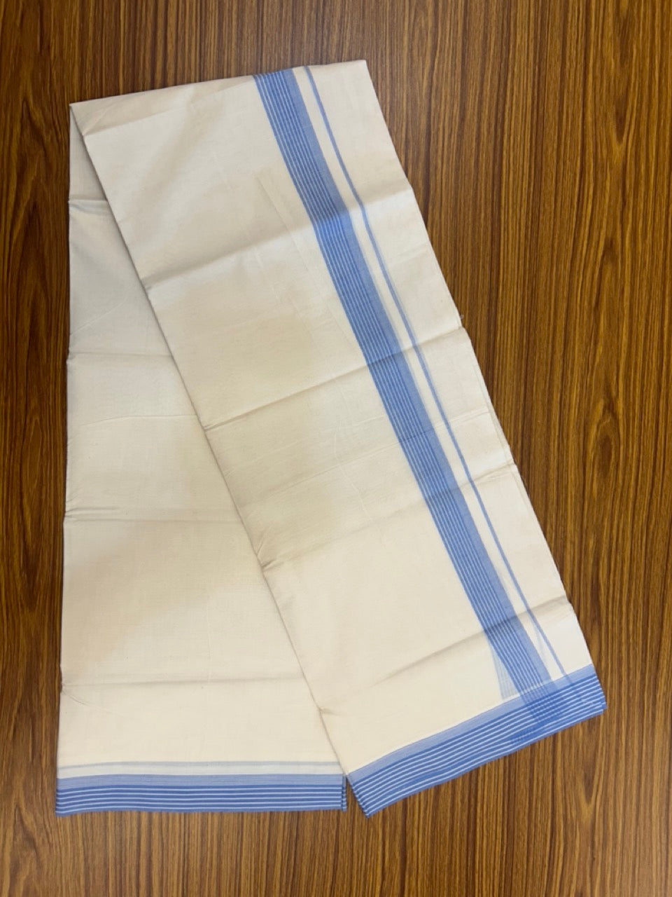 20% Discount! KaithariKada Balaramapuram 100% Cotton Off White Double - (Unbleached) Mundu/Dhoti - 100X80 - 1.25 Inch Blue striped Kara - 4 Mtr (8.5 Muzham) - 110 KK5294 THI