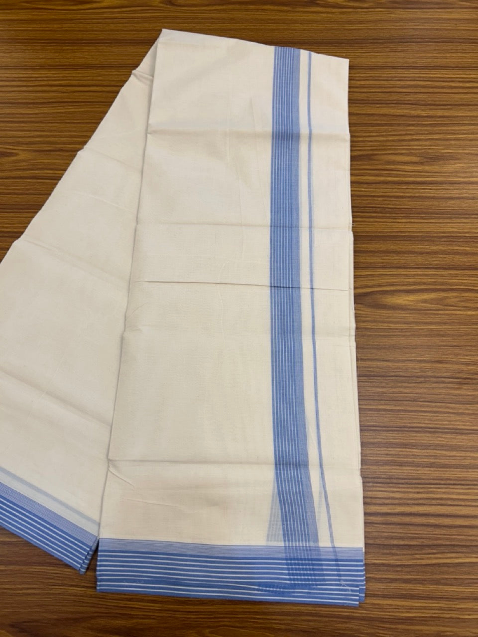 20% Discount! KaithariKada Balaramapuram 100% Cotton Off White Double - (Unbleached) Mundu/Dhoti - 100X80 - 1.25 Inch Blue striped Kara - 4 Mtr (8.5 Muzham) - 110 KK5294 THI