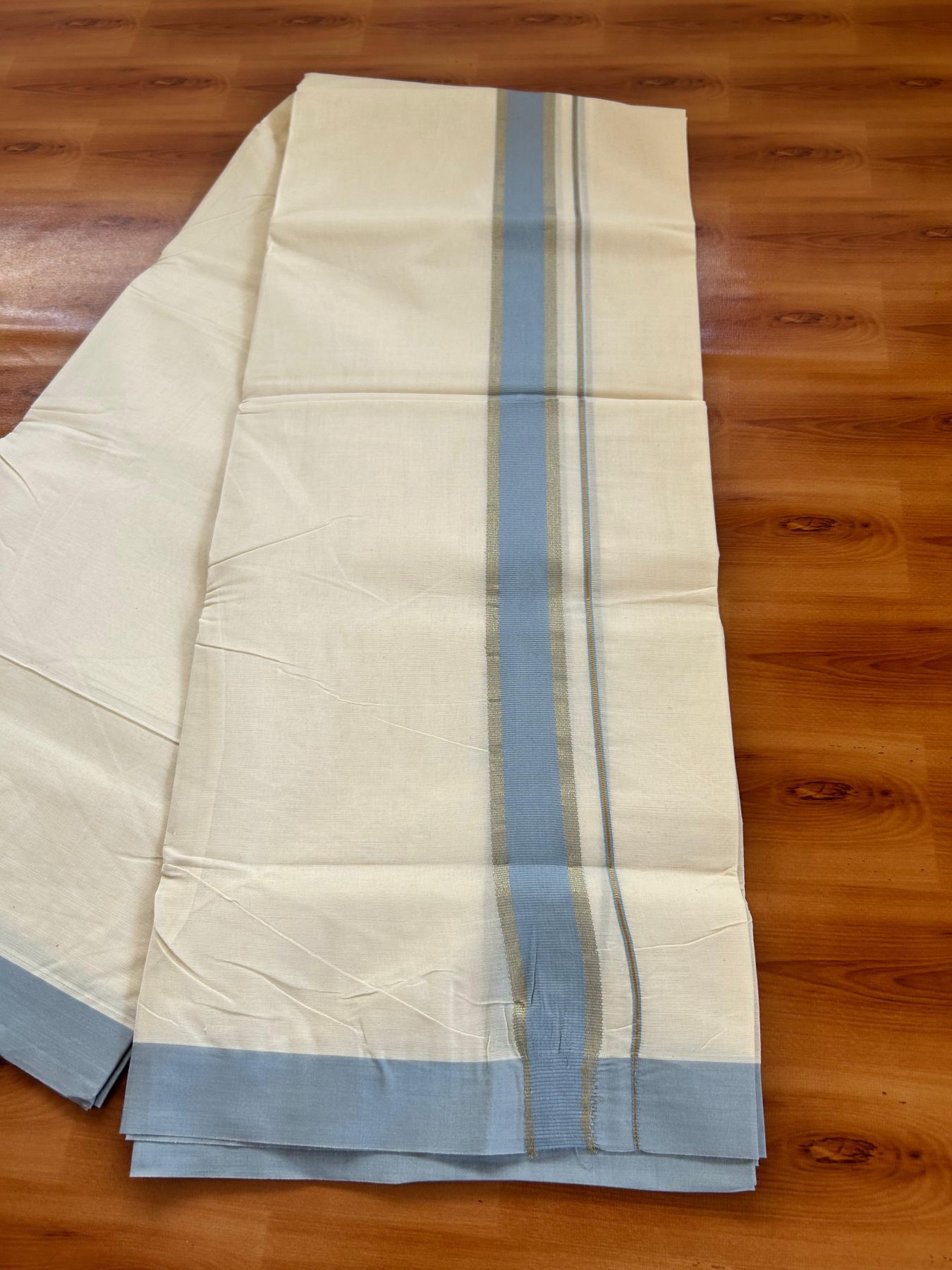 Double Off White (Unbleached) Mundu/Dhoti - 20% Discount! Kaitharikada Pure Cotton - 80x80 - 1.5 Inch Gold Kasav & Ash Blue Kara 4 mtr (8.5 muzham) - 18 KK5478 MRH