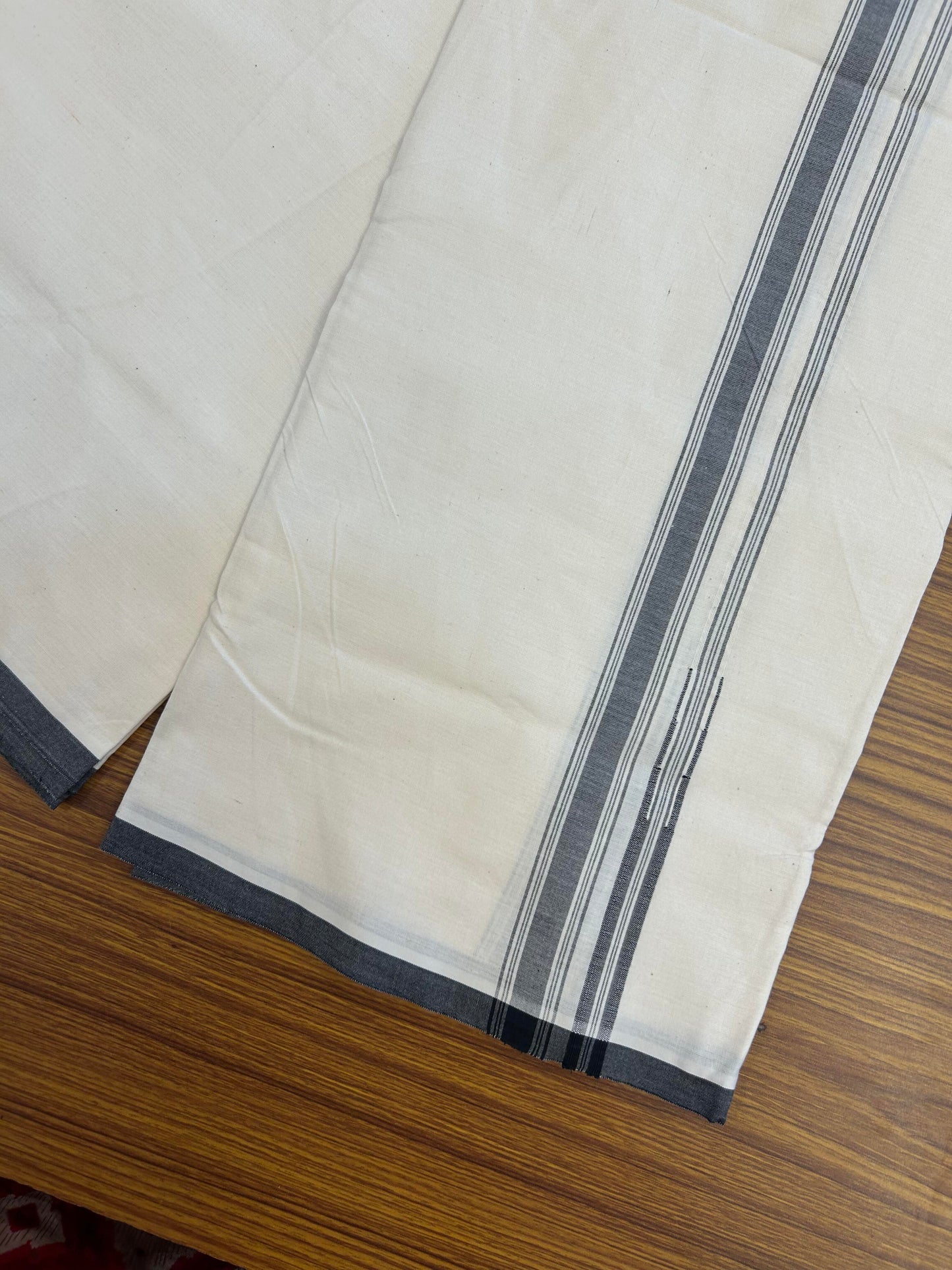 Single Off White Dhoti / Mund - 20% Discount ! KaithariKada Balaramapuram 100% Cotton (Unbleached)- Twisted 100s Thread - 2.5 cm Puliyilakkara Black Shaded Chutty Kara (2 meter / 4 muzham)- 1 KK5354 ASH