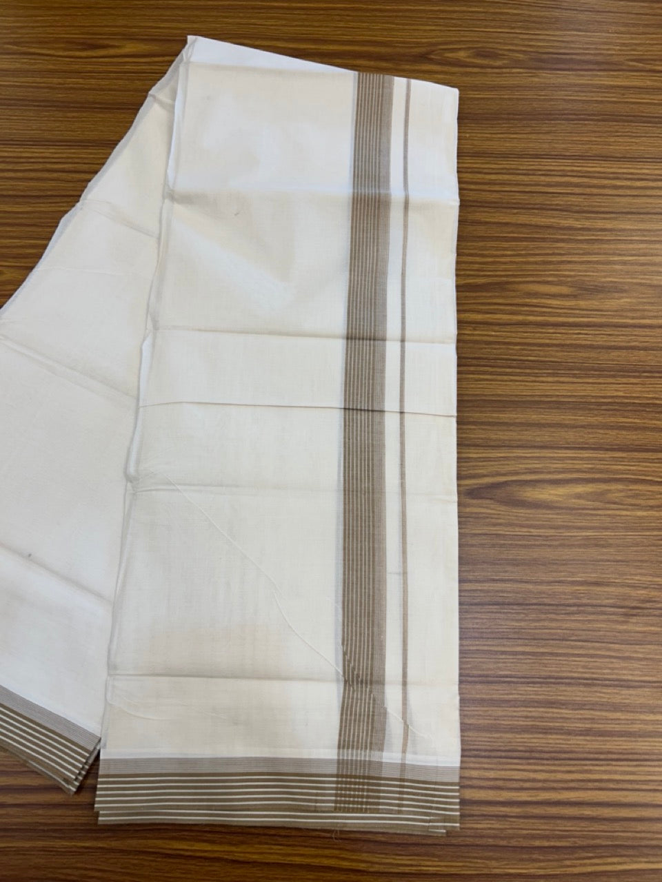 20% Discount! KaithariKada Balaramapuram 100% Cotton Off White Double - (Unbleached) Mundu/Dhoti - 100X80 - 1.25 Inch Brown striped Kara - 4 Mtr (8.5 Muzham) - 111 KK5294 THI