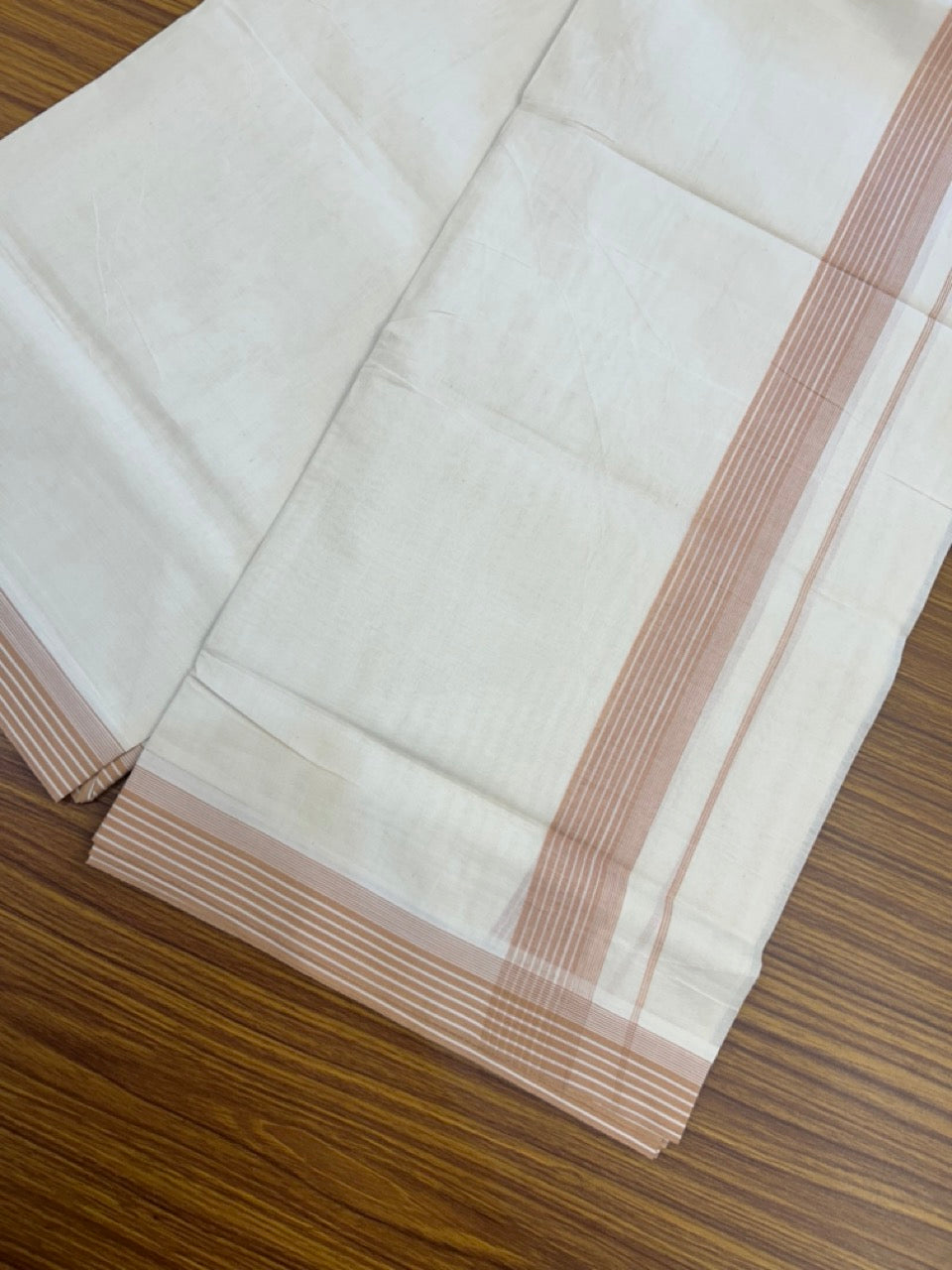 20% Discount! KaithariKada Balaramapuram 100% Cotton Off White Double - (Unbleached) Mundu/Dhoti - 100X80 - 1.25 Inch Dark Peach striped Kara - 4 Mtr (8.5 Muzham) - 113 KK5294 THI