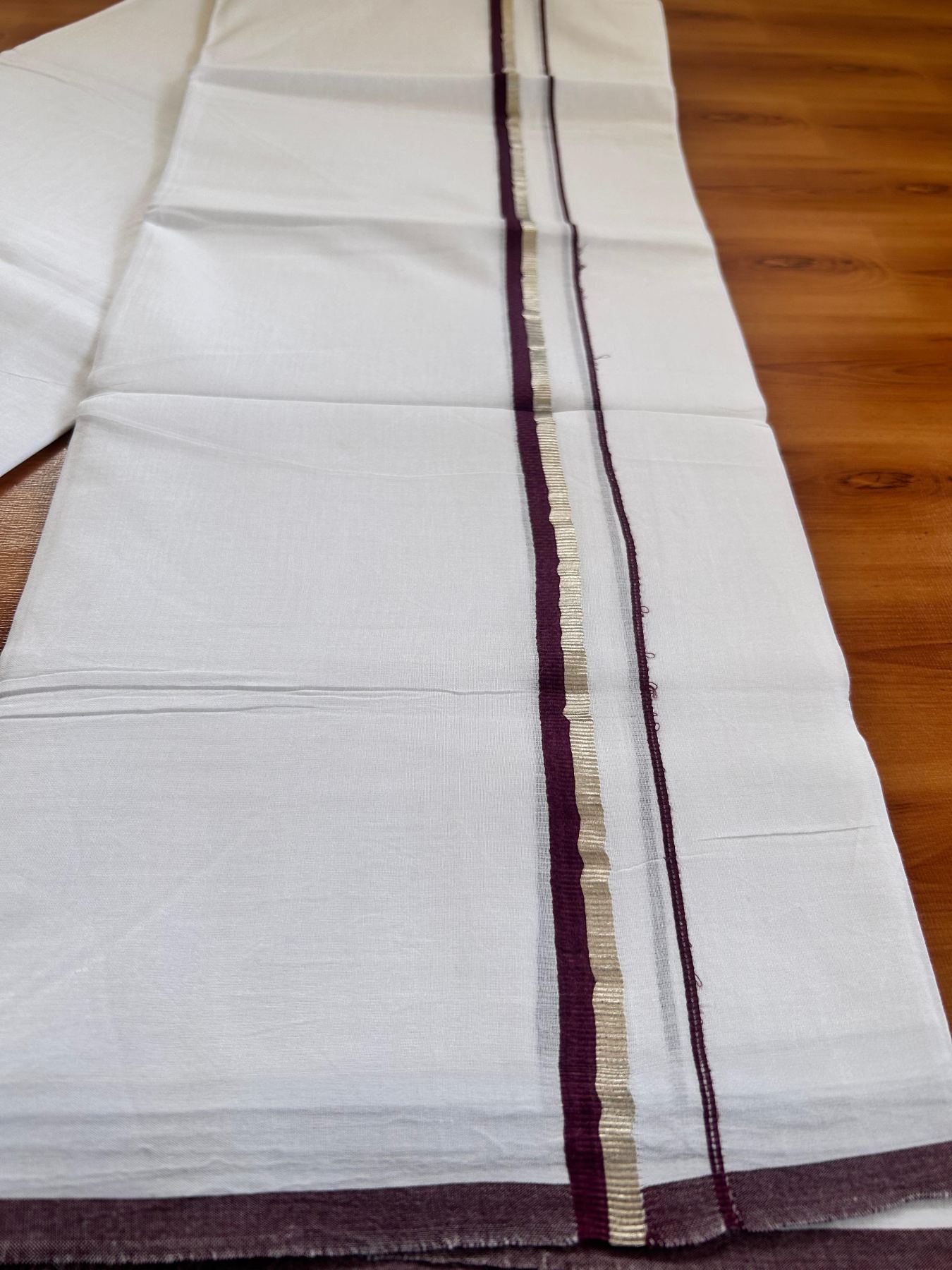 Pure White Double Mundu/Dothi - 20% Discount ! Kaitharikada 100% Cotton 80x80 - 0.5 inch Silver Kasav & Dark Wine Kara 3.80 m (8 muzham) - 9 KK5476 MC