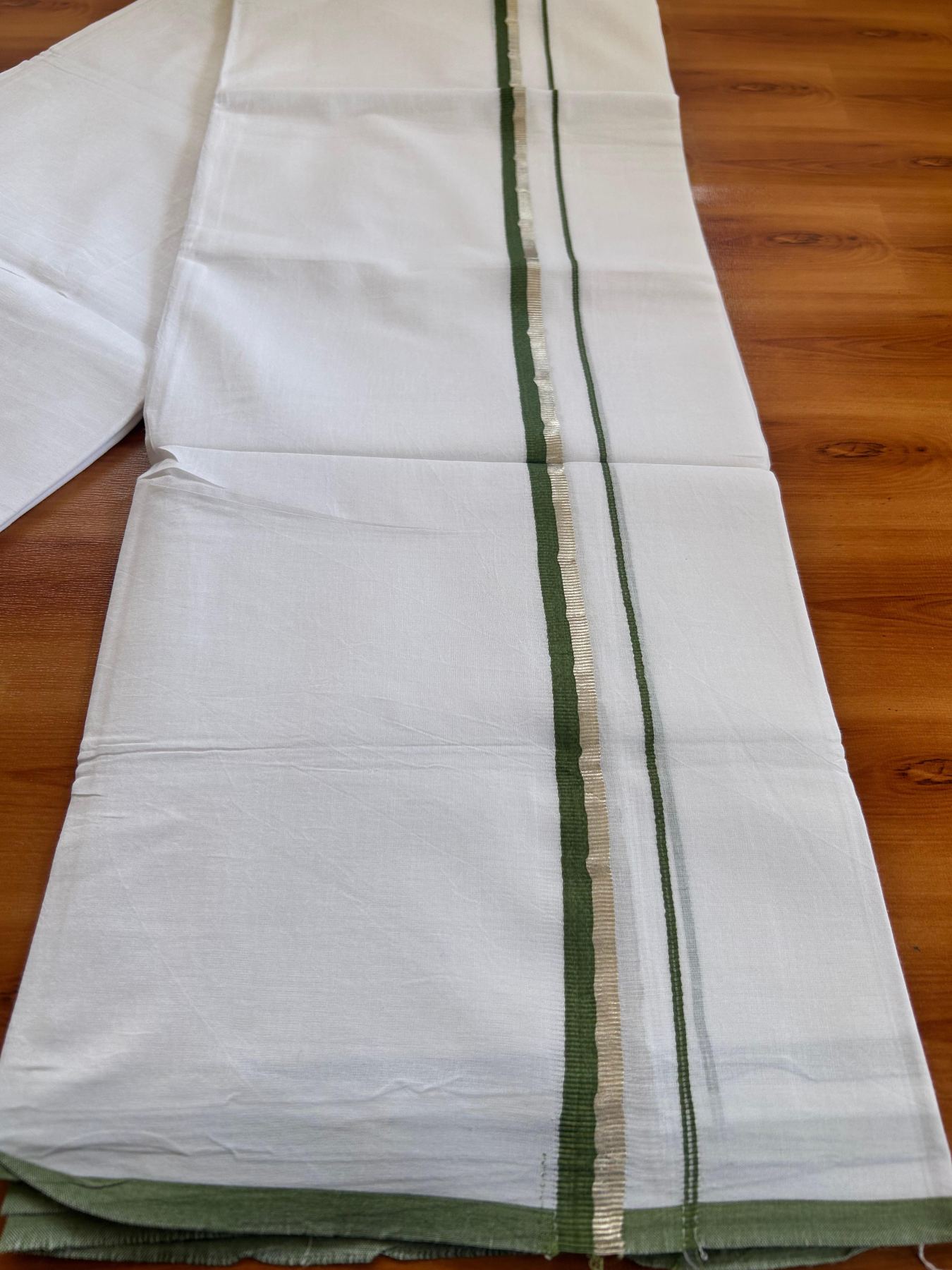 Pure White Double Mundu/Dothi - 20% Discount ! Kaitharikada 100% Cotton 80x80 - 0.5 inch Silver Kasav & Green Kara 3.80 m (8 muzham) - 11 KK5476 MC