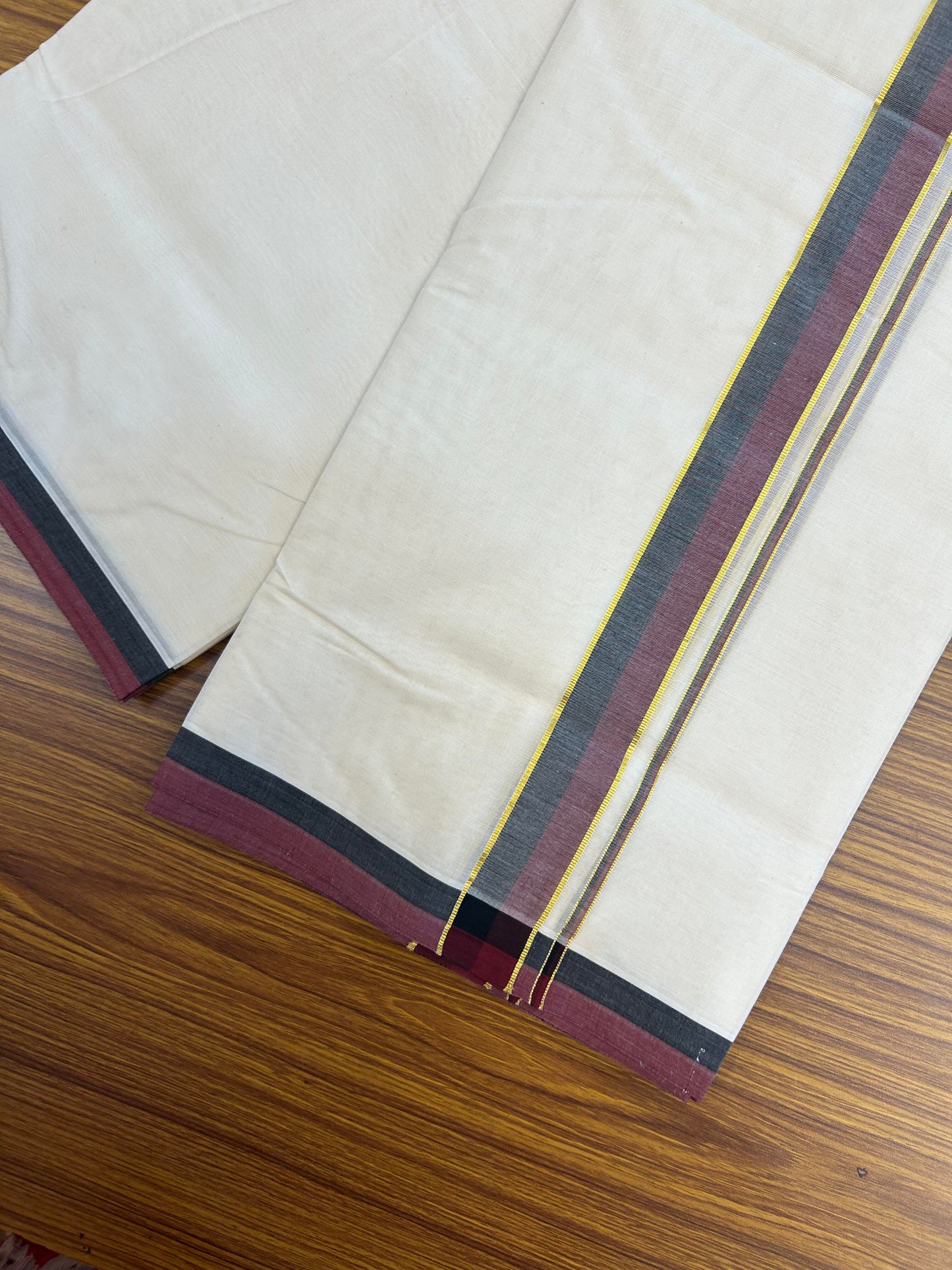 Dmk Veshti - 20% Discount! KaithariKada 100% Cotton Off White Double - (Unbleached) Mundu/Dhoti - 100X100 - 1.25 inch Gold Kasav Black & Maroon kara - 6 KK5354 ASH