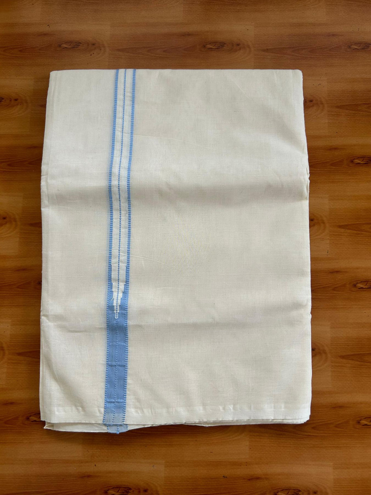 Double Off White (Unbleached) Mundu/Dhoti - 20% Discount!! KaithariKada Pulimood 100% Cotton 100x100 - 1 inch Puliyilakkara Light Steel Blue Chutty Kara - 5 mtr (10.64 muzham) - 19 KK5546 ASH