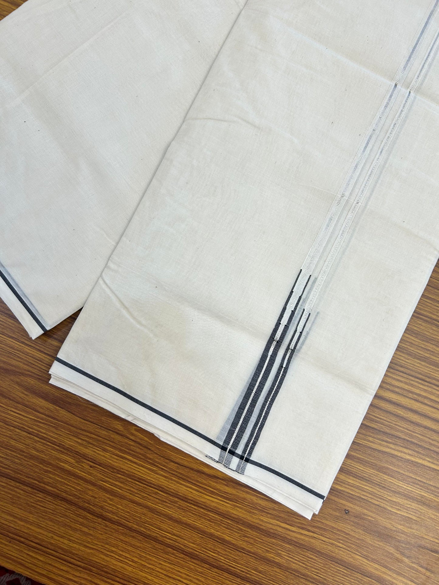 20% Discount! KaithariKada Balaramapuram 100% Cotton Double Off white Mundu/Dhoti-100x100 - 1 cm Puliyilakkara Silver Kasav & Black Double Chutty Kara - 4 mtr (8.5 muzham) - 8 KK5354 ASH