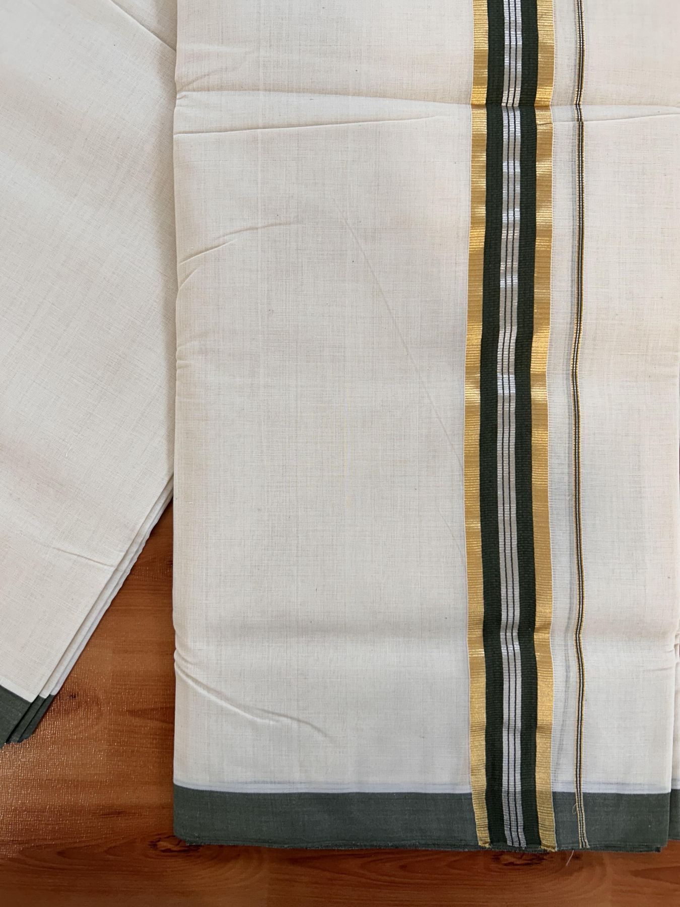 Double Off White (Unbleached) Mundu/Dhoti - 25% Discount! KaithariKada Handloom Millpaav - Kerala Handloom - Cotton - 80x90 - 1.5 inch Gold & Silver Kasav Striped & Olive Green Kara 4 meter (8.5 Muzham) - 5 KK5430 RAM