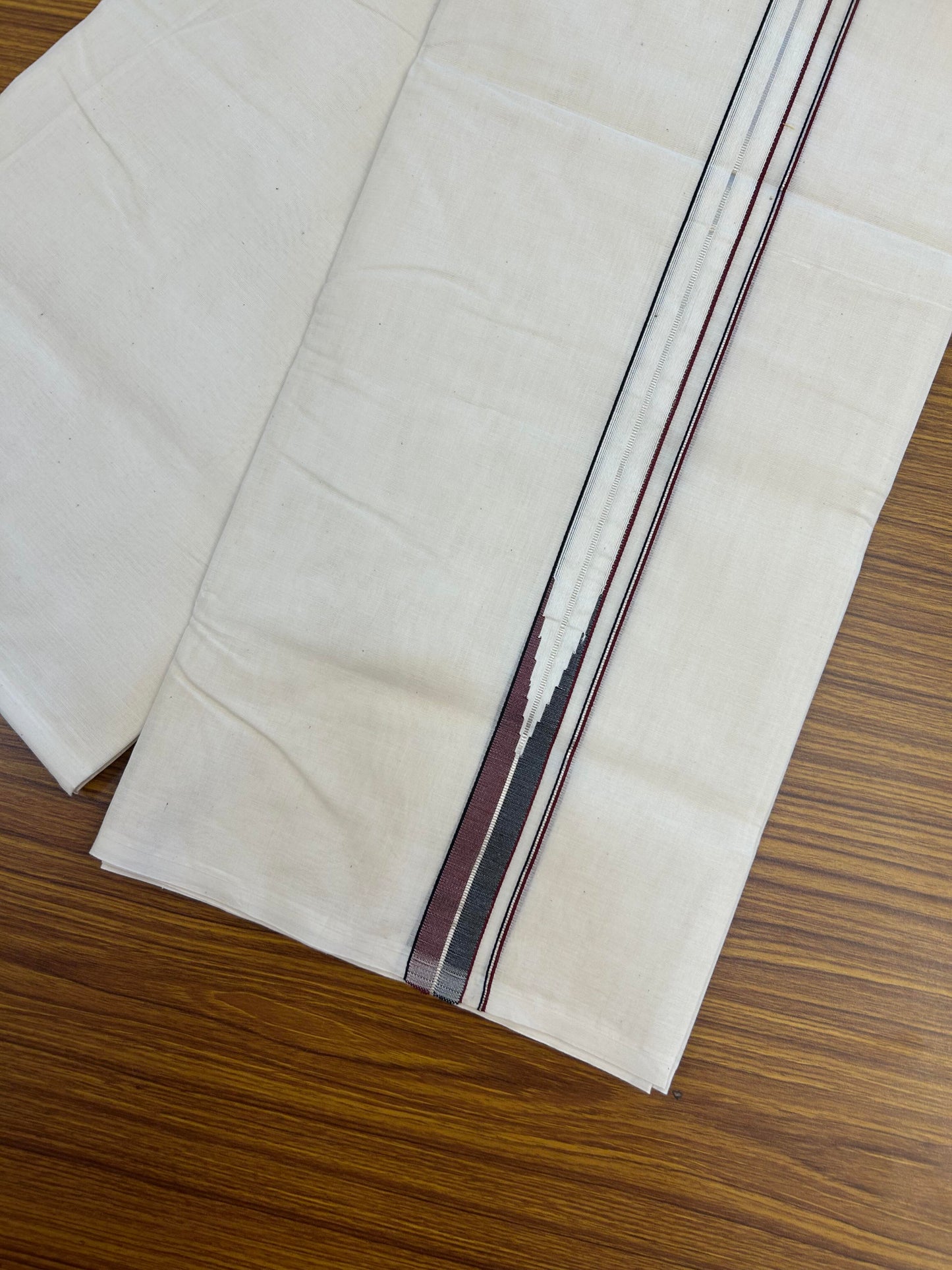 20% Discount! KaithariKada Balaramapuram 100% Cotton Double Off white Mundu/Dhoti-100x100 - 1 inch Puliyilakkara Silver Kasav Black & Maroon Chutty Kara - 4 mtr (8.5 muzham) - 10 KK5354 ASH