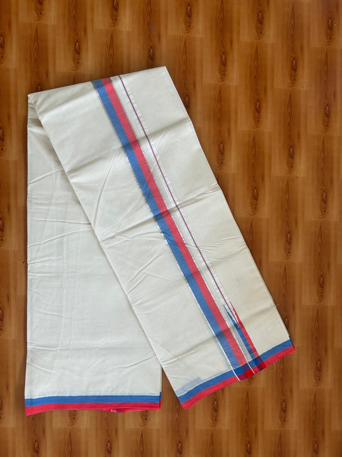 Double Off White (Unbleached) Mundu/Dhoti - 20% Discount!! KaithariKada Pulimood 100% Cotton 100x100 - 1.5 inch Puliyilakkara Silver Kasav Steel Blue & Red Striped Chutty Kara - 4 mtr (8.5 muzham) - 13 KK5546 ASH
