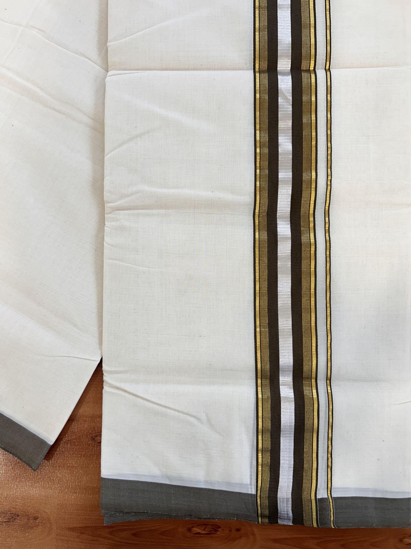 Double Off White (Unbleached) Mundu/Dhoti - 25% Discount! KaithariKada Handloom Millpaav - Kerala Handloom - Cotton - 80x90 - 2 inch Gold & Silver Kasav Striped & Brown Kara 4 meter (8.5 Muzham) - 11 KK5430 RAM