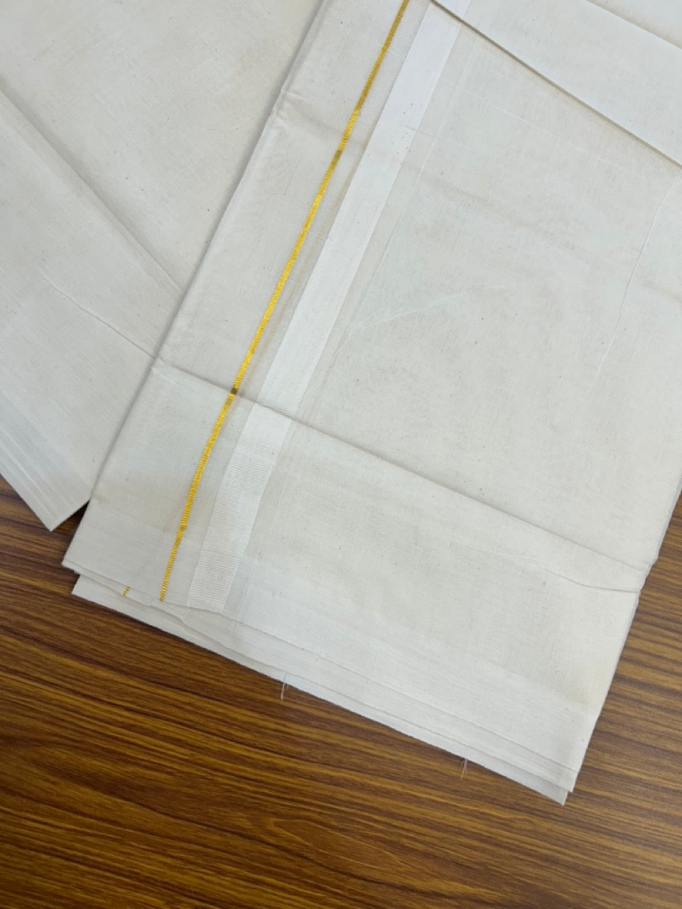 20% Discount! KaithariKada Balaramapuram 100% Cotton Off White Double - (Unbleached) Mundu/Dhoti - 100X80 - Gold Kasav 0.75 inch White Kara - 4 Mtr (8.5 Muzham) - 108 KK5294 THI