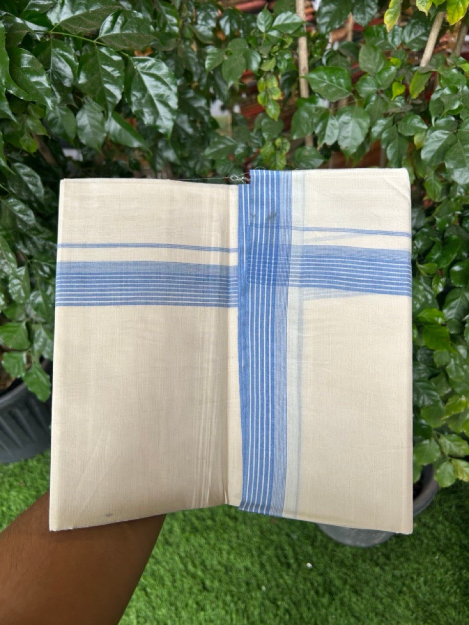 20% Discount! KaithariKada Balaramapuram 100% Cotton Off White Double - (Unbleached) Mundu/Dhoti - 100X80 - 1.25 Inch Blue striped Kara - 4 Mtr (8.5 Muzham) - 110 KK5294 THI