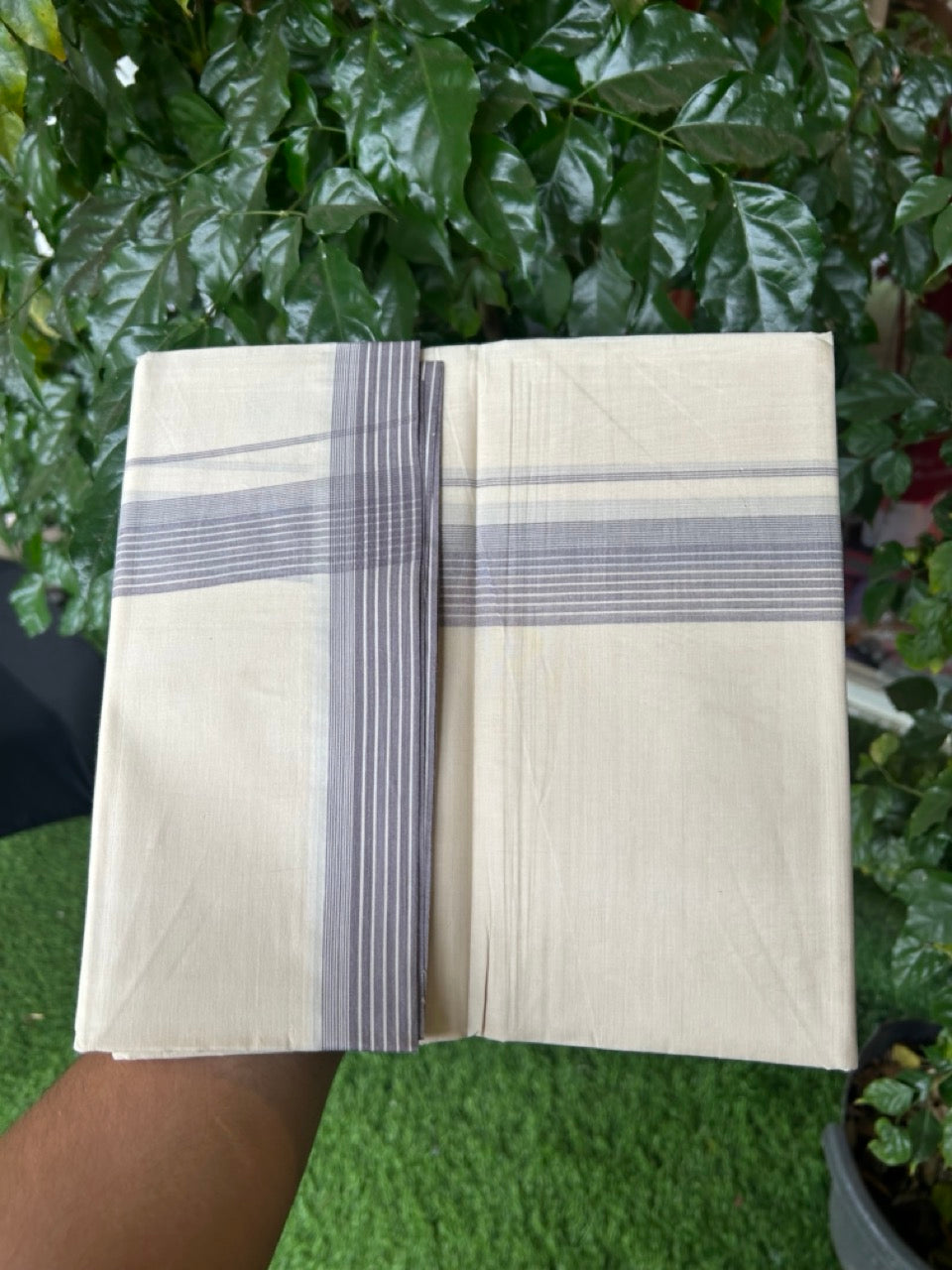 20% Discount! KaithariKada Balaramapuram 100% Cotton Off White Double - (Unbleached) Mundu/Dhoti - 100X80 - 1.25 Inch Purple ash striped Kara - 4 Mtr (8.5 Muzham) - 114 KK5294 THI