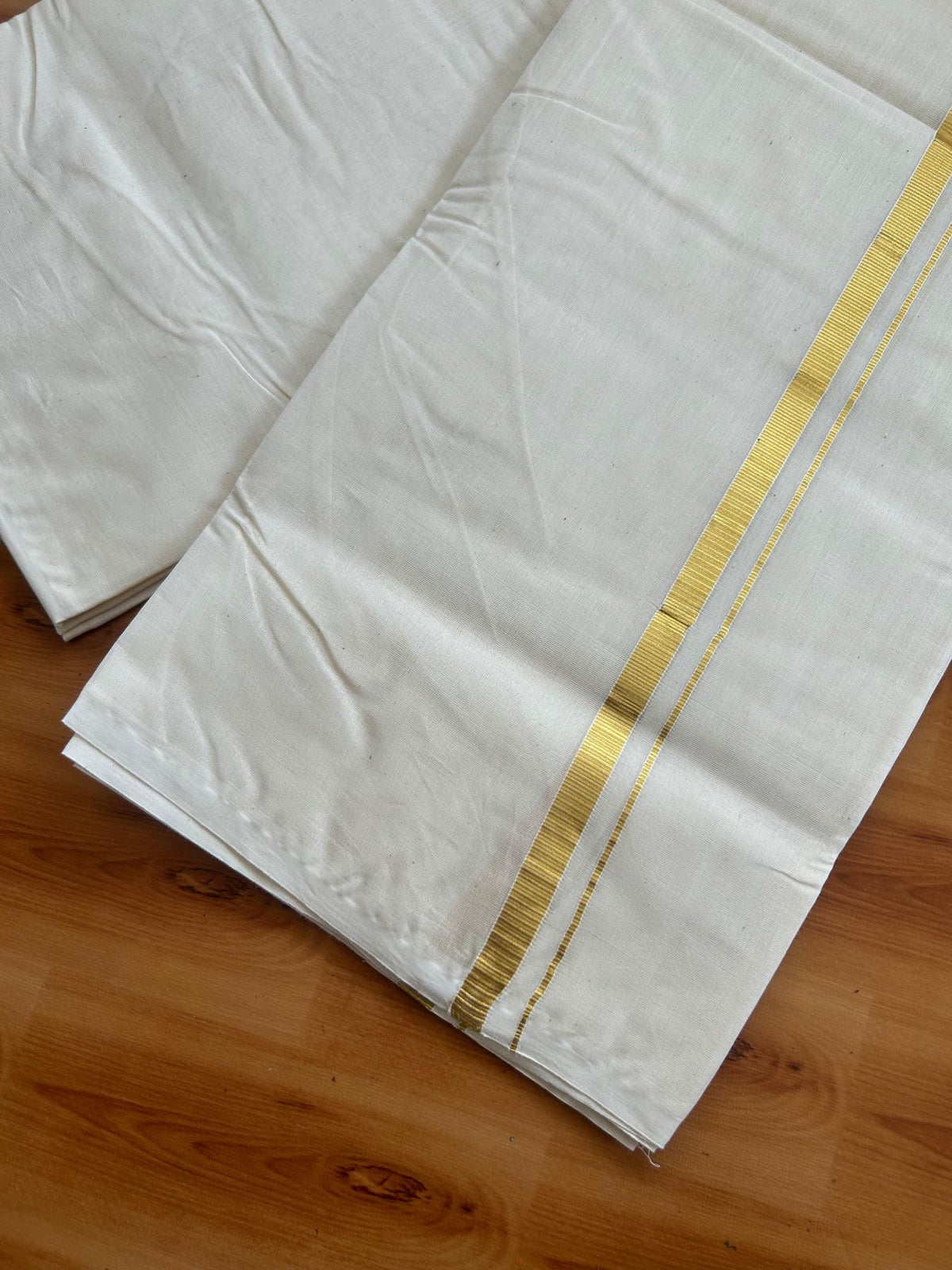 Double Off white Mundu/Dhoti - 20% Discount! KaithariKada 100% Cotton - 100x80 - 0.5 inch Gold Kasav Kara 3.75 mtr (8 muzham) - 1 KK5547 ASH