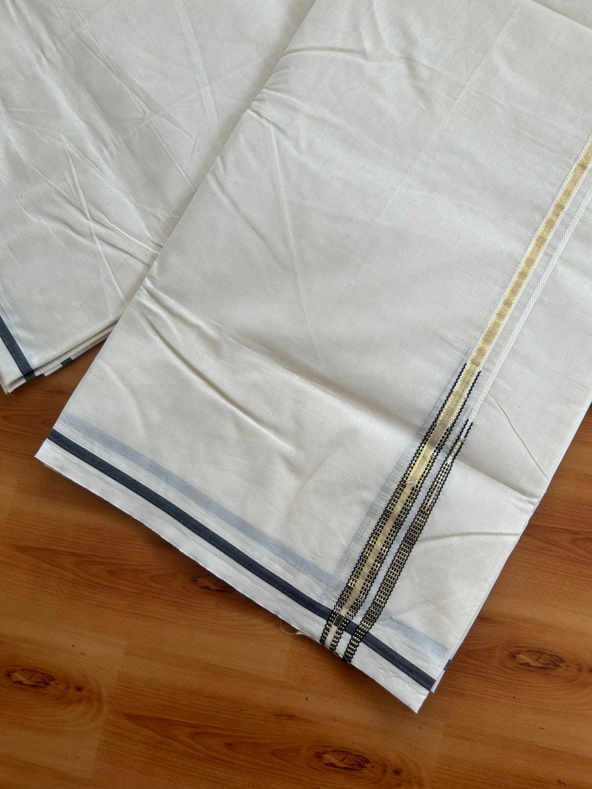 Double Off white - 20% Discount!!! KaithariKada Pulimood 100% Cotton (Unbleached) Kerala Mundu / Dhoti-100x100 1.cm Double Chutty Black & Gold Kasavu Kara - 5 KK5547 ASH