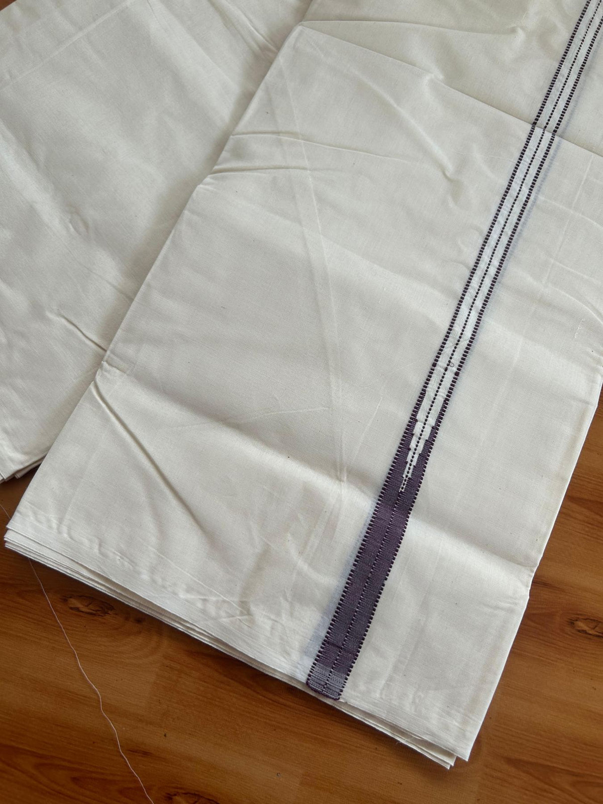 Double Off White (Unbleached) Mundu/Dhoti - 20% Discount!! KaithariKada Pulimood 100% Cotton 100X100 - 0.75 inch Puliyilakkara Wine Purple Chutty Kara - 4 mtr (8.5 muzham) - 11 KK5547 ASH