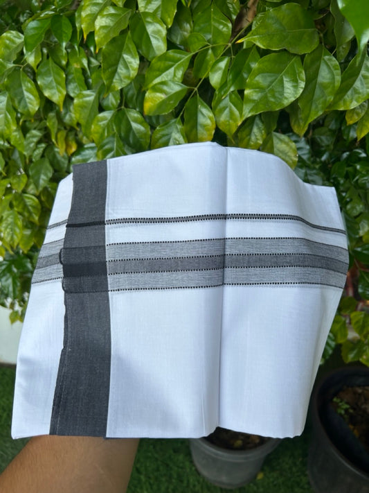 20% DISCOUNT! KaithariKada Balaramapuram 100% Cotton Double Pure white Mundu/Dhoti- 100x80 - 1.5 inch Black Shaded Striped Kara - 3.78mtr ( 8 muzham) - 20KK5227 PMC