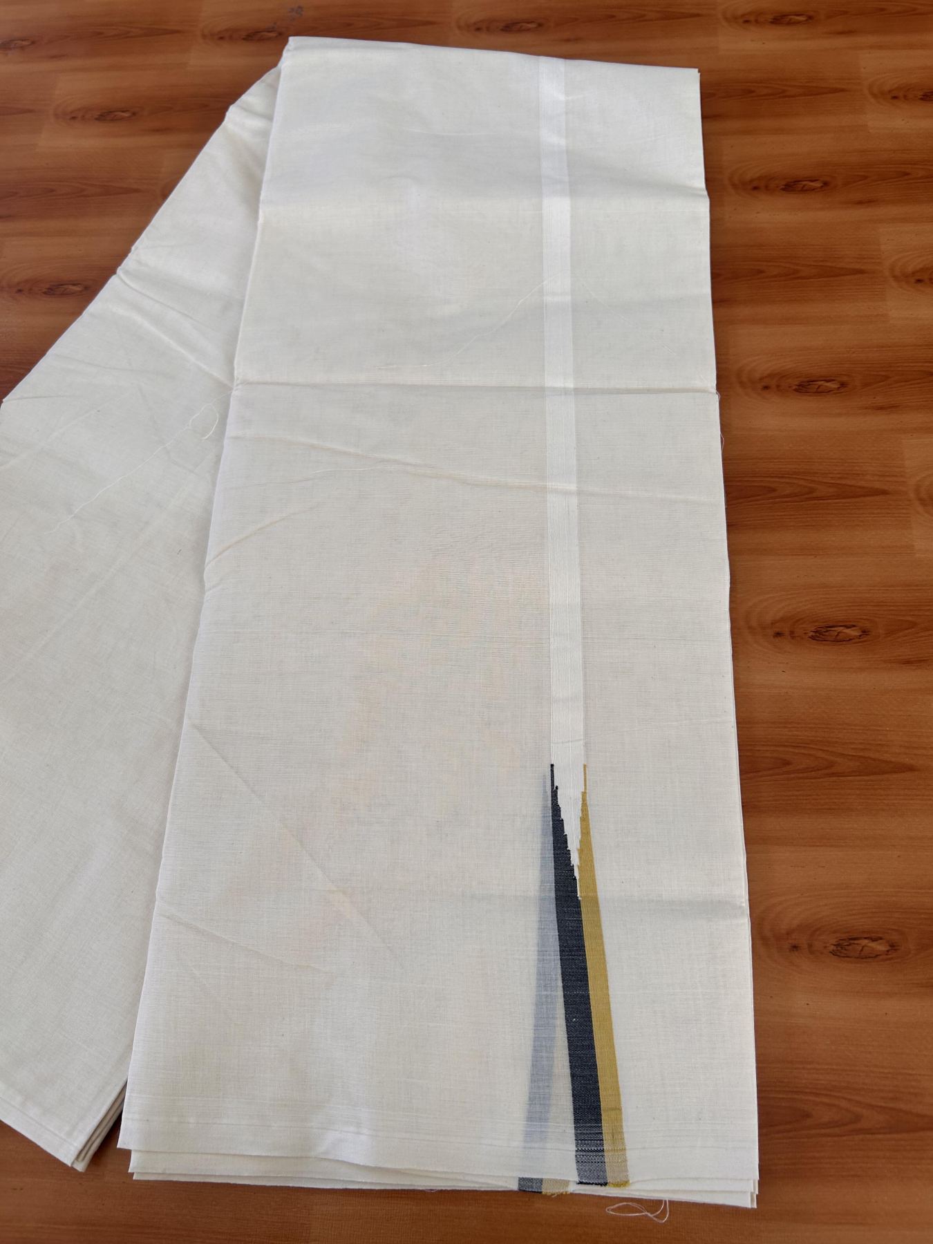 Double Off white Mundu/Dhoti - 20% Discount! KaithariKada Balaramapuram - 100% Cotton 100x100 - 0.75 inch Black & Mustard Yellow shaded Chutty Kara - 4 mtr (8.5 muzham) - 2 KK5431 ASH