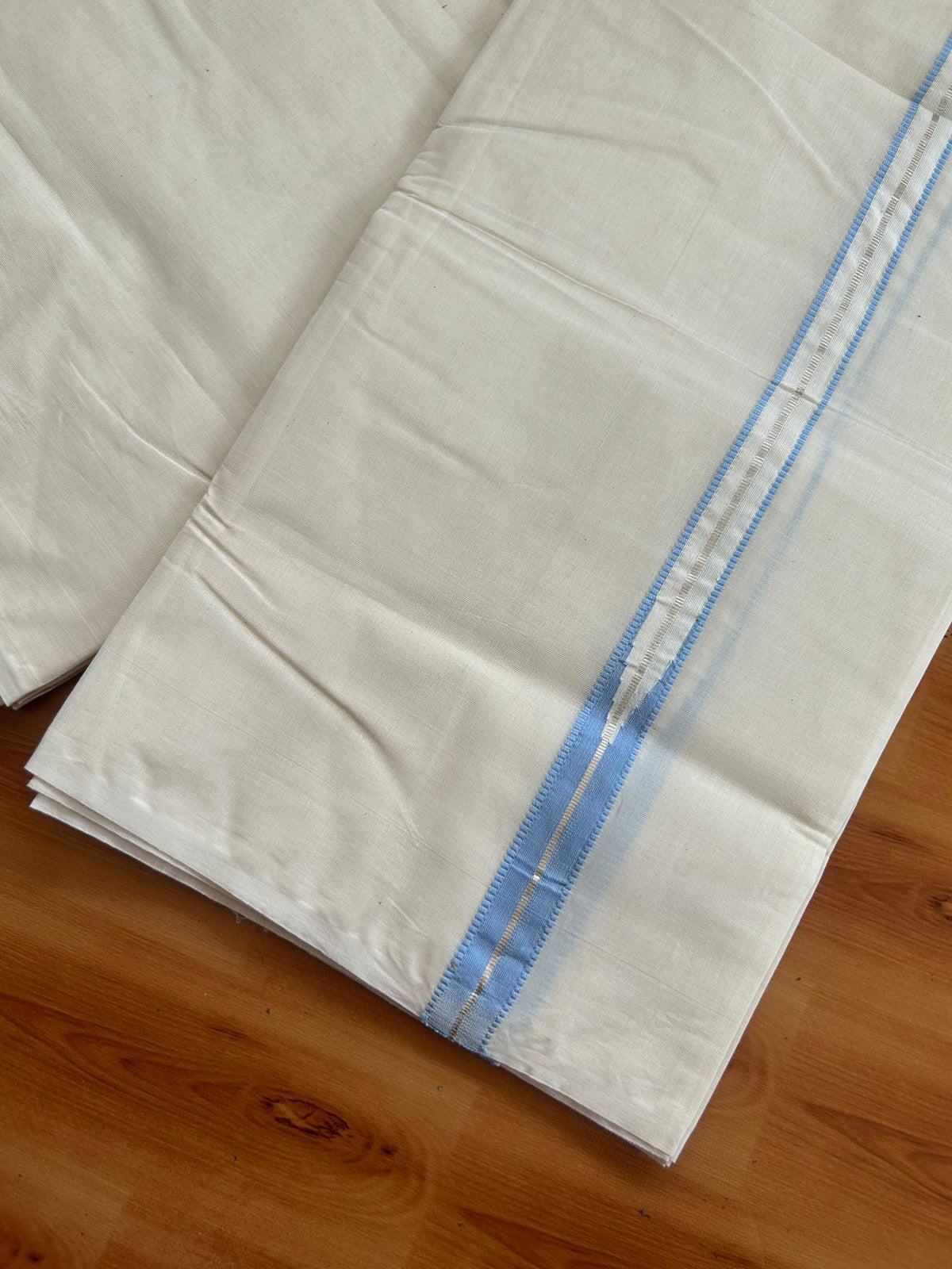 Double Off White (Unbleached) Mundu/Dhoti - 20% Discount!! KaithariKada Pulimood 100% Cotton 100X100 - 1 inch Puliyilakkara Silver Kasav & Light Blue Chutty Kara - 3.70 mtr (8 muzham) - 16 KK5547 ASH