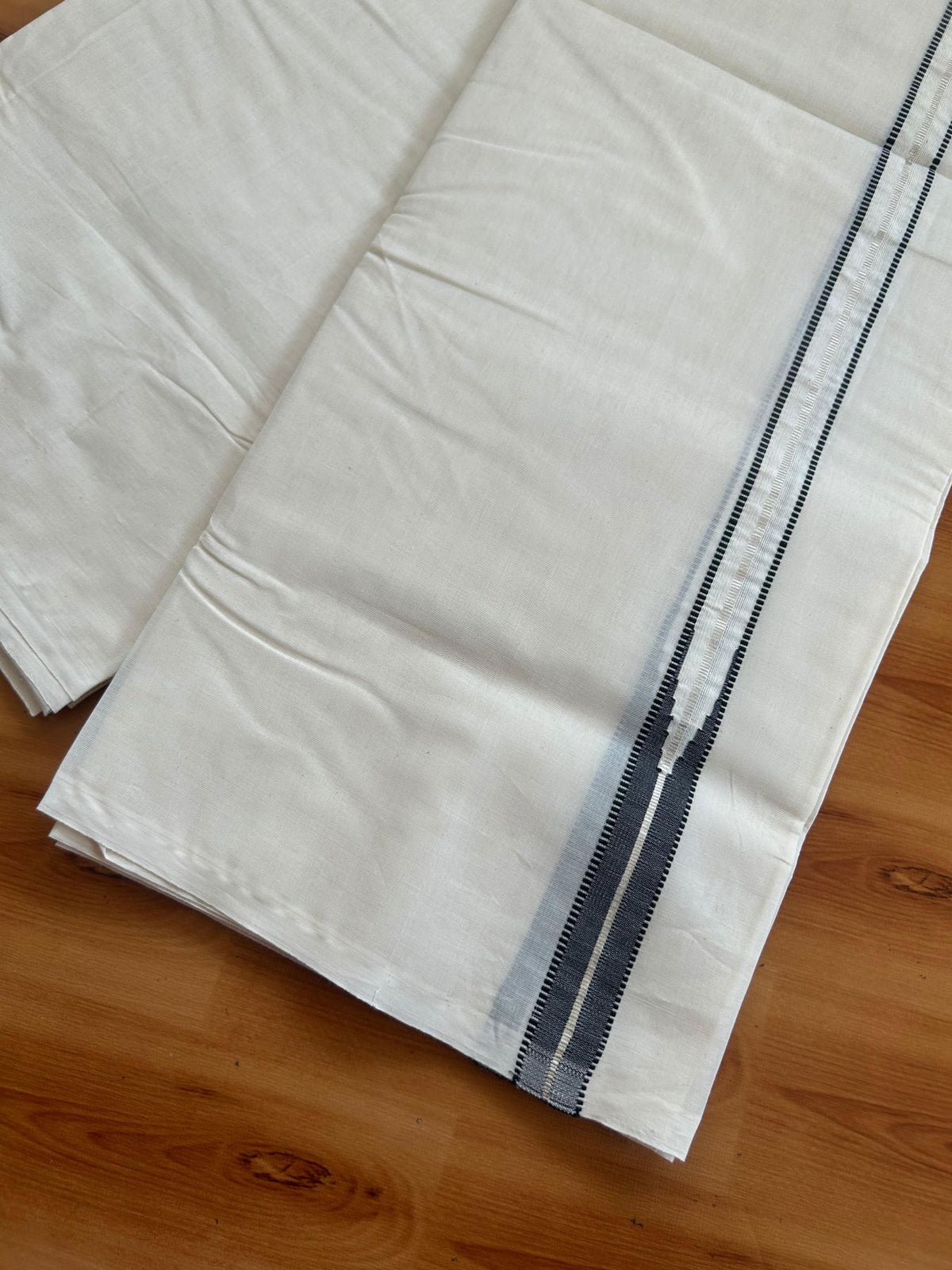 Double Off White (Unbleached) Mundu/Dhoti - 20% Discount!! KaithariKada Pulimood 100% Cotton 100X100 - 1 inch Puliyilakkara Silver Kasav & Black Chutty Kara - 3.70 mtr (8 muzham) - 17 KK5547 ASH