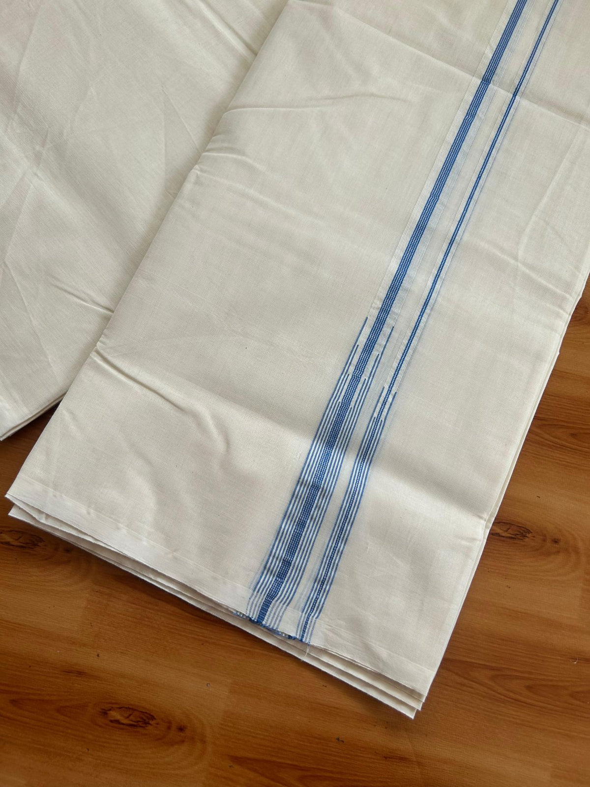 Double Off White (Unbleached) Mundu/Dhoti - 20% Discount!! KaithariKada Pulimood 100% Cotton 100X100 - 1.5 cm Puliyilakkara Silver Kasav & Dark Blue Striped Double Chutty Kara - 4 mtr (8.5 muzham) -18 KK5547 ASH