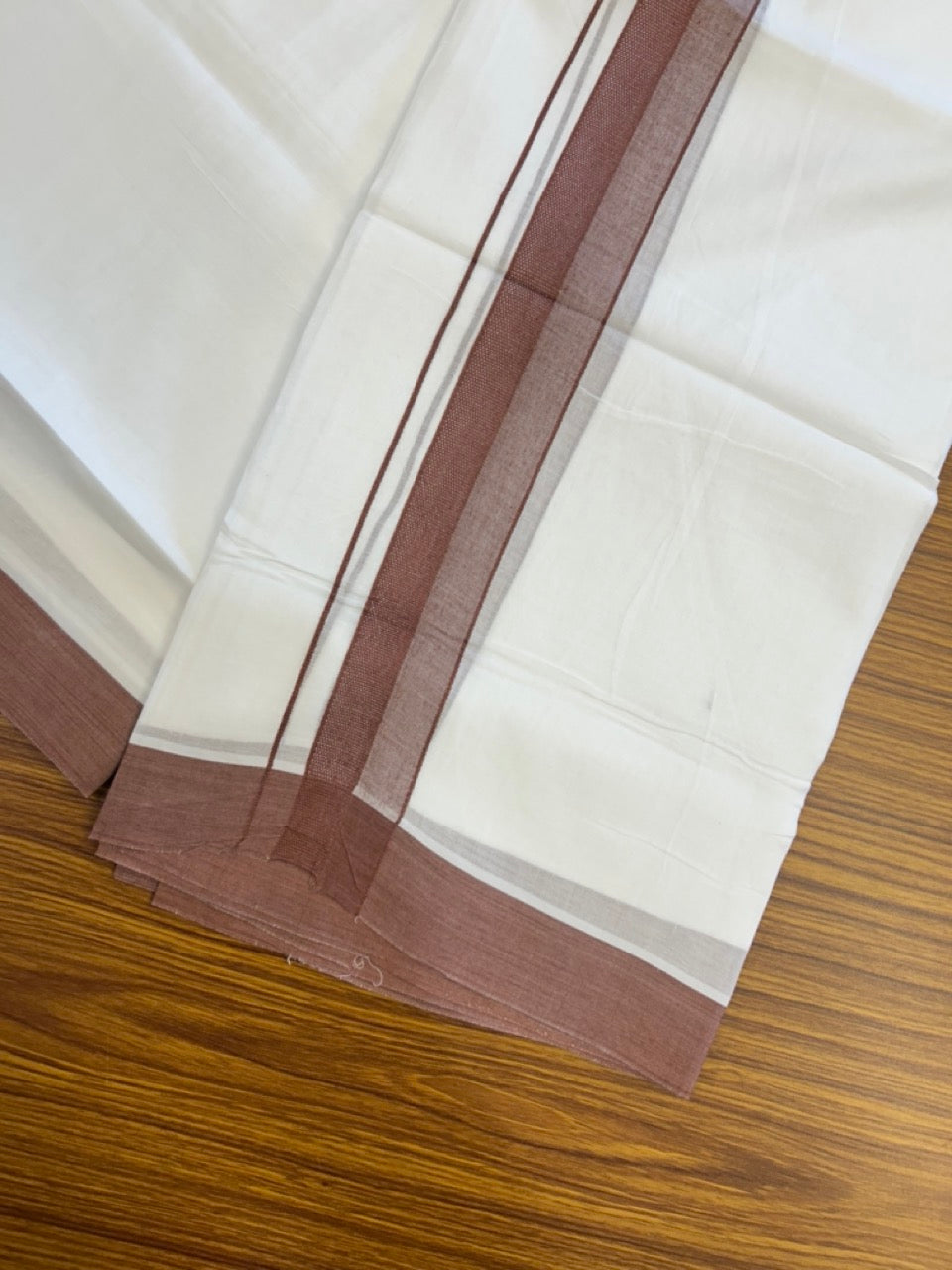 20% Discount ! Kaitharikada Balaramapuram 100% Cotton PURE WHITE Double Mundu/Dothi - 100x80 - 1.5 inch Chestnut Shaded Design Kara 3.90 mtr (8 muzham) - 20 KK5294 THI