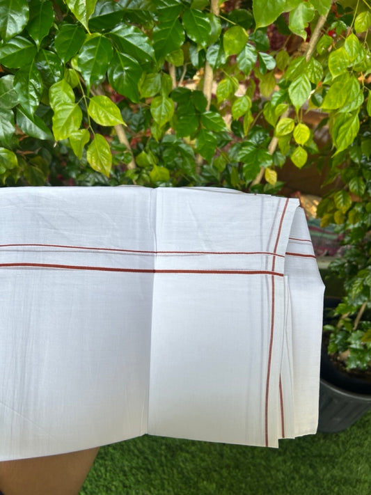 23% DISCOUNT! KaithariKada Balaramapuram 100% Cotton Double Pure white Mundu/Dhoti-( 60s ) - 0.4 cm Dark Brown Thin Kara - 3.88 mtr ( 8 muzham)- 5KK5227 PMC