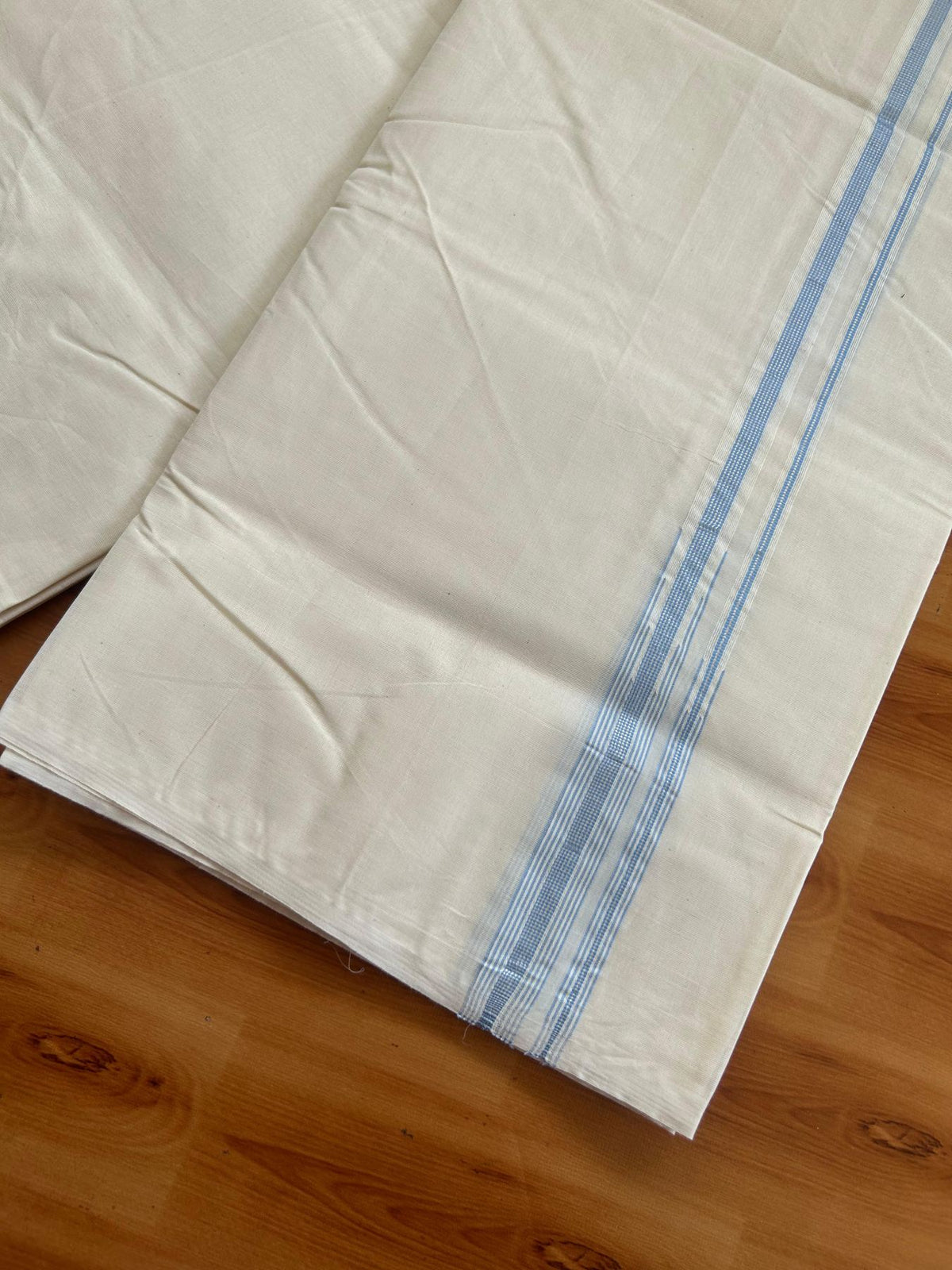 Double Off White (Unbleached) Mundu/Dhoti - 20% Discount!! KaithariKada Pulimood 100% Cotton 100X100 - 0.75 inch Puliyilakkara Silver Kasav & Light Blue Striped Double Chutty Kara - 4 mtr (8.5 muzham) -19 KK5547 ASH