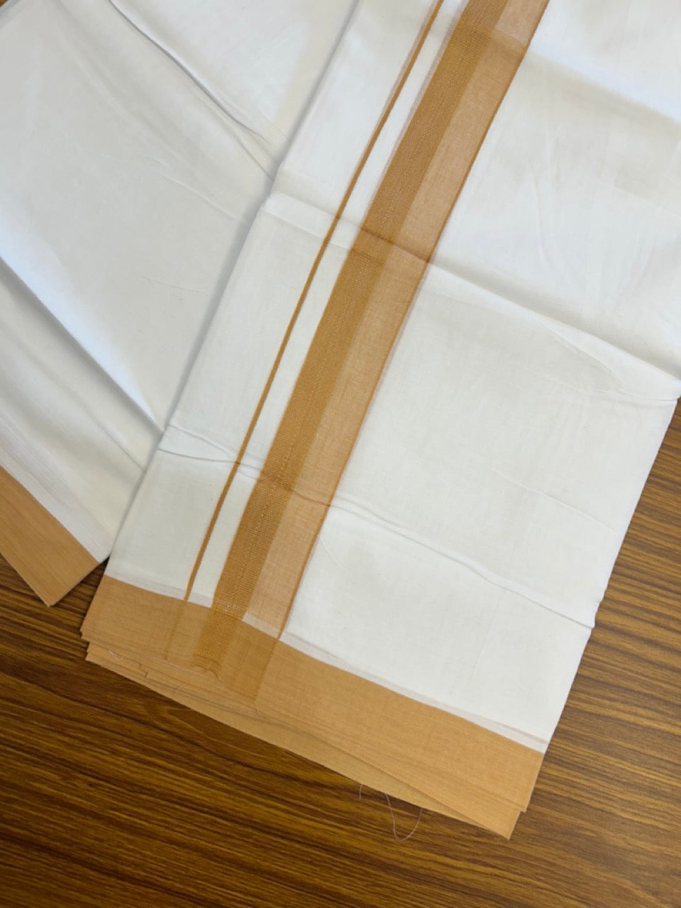 20% Discount ! Kaitharikada Balaramapuram 100% Cotton PURE WHITE Double Mundu/Dothi - 100x80 - 1.5 inch Light Orange Shaded Design Kara 3.90 mtr (8 muzham) - 23 KK5294 THI
