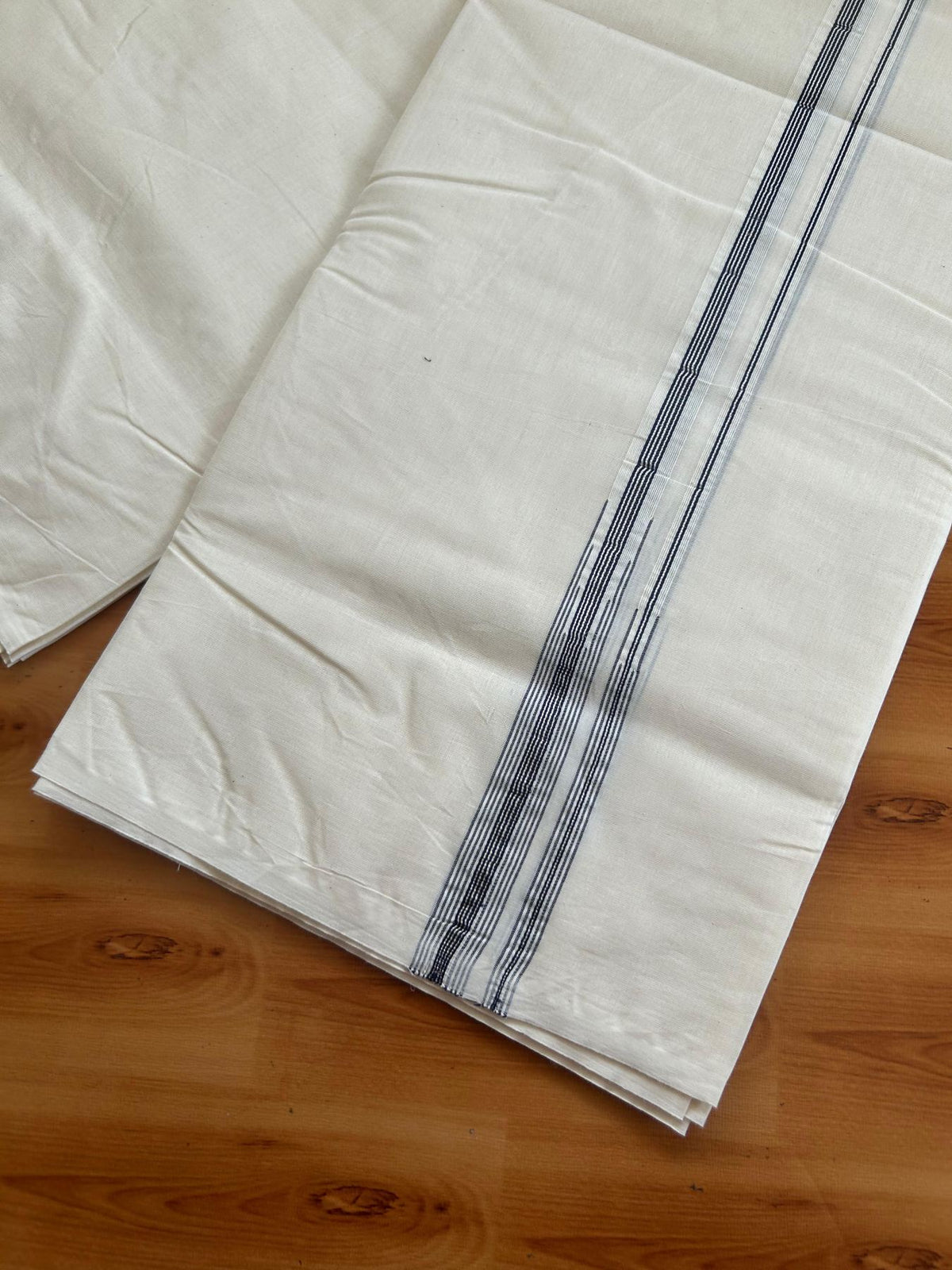 Double Off White (Unbleached) Mundu/Dhoti - 20% Discount!! KaithariKada Pulimood 100% Cotton 100X100 - 2 cm Puliyilakkara Silver Kasav & Navy Blue Striped Double Chutty Kara - 4 mtr (8.5 muzham) - 22 KK5547 ASH