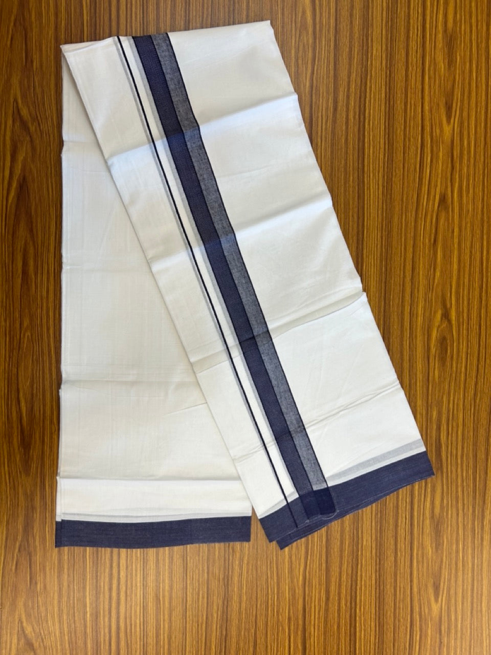 20% Discount ! Kaitharikada Balaramapuram 100% Cotton PURE WHITE Double Mundu/Dothi - 100x80 - 1.5 inch Navy Blue Shaded Design Kara 3.90 mtr (8 muzham) - 24 KK5294 THI